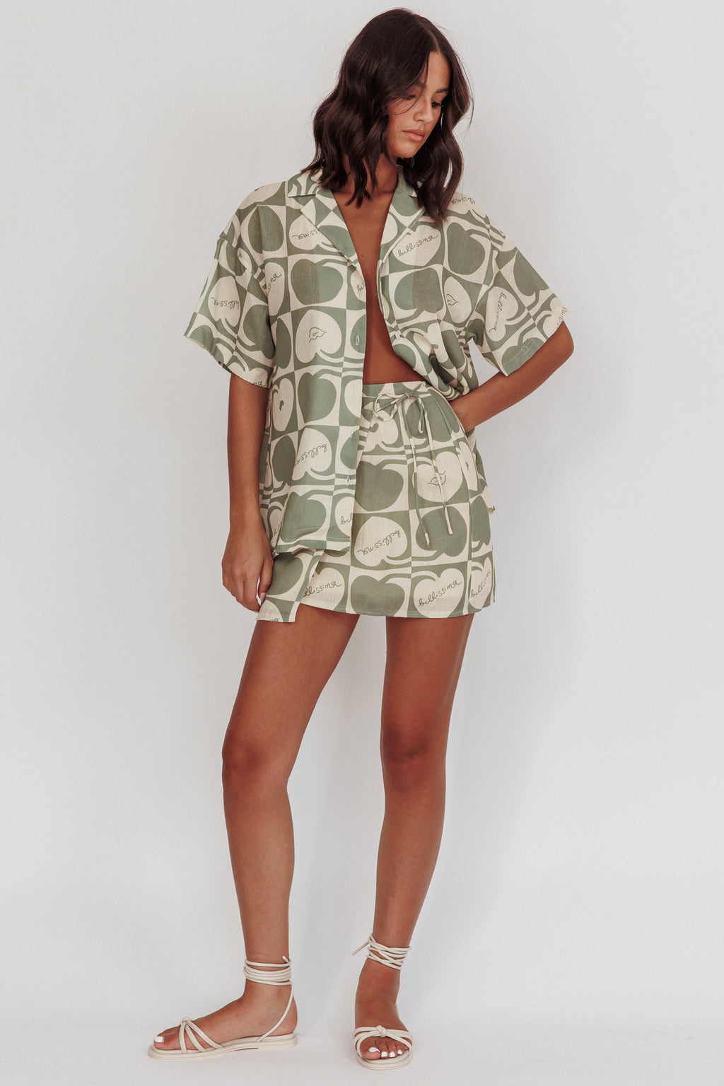 Ithaca Cherry Print Short Sleeve Shirt Sage Beige by Selfie Leslie Australia