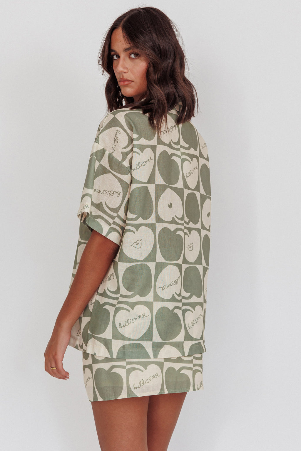 Ithaca Cherry Print Short Sleeve Shirt Sage Beige by Selfie Leslie Australia