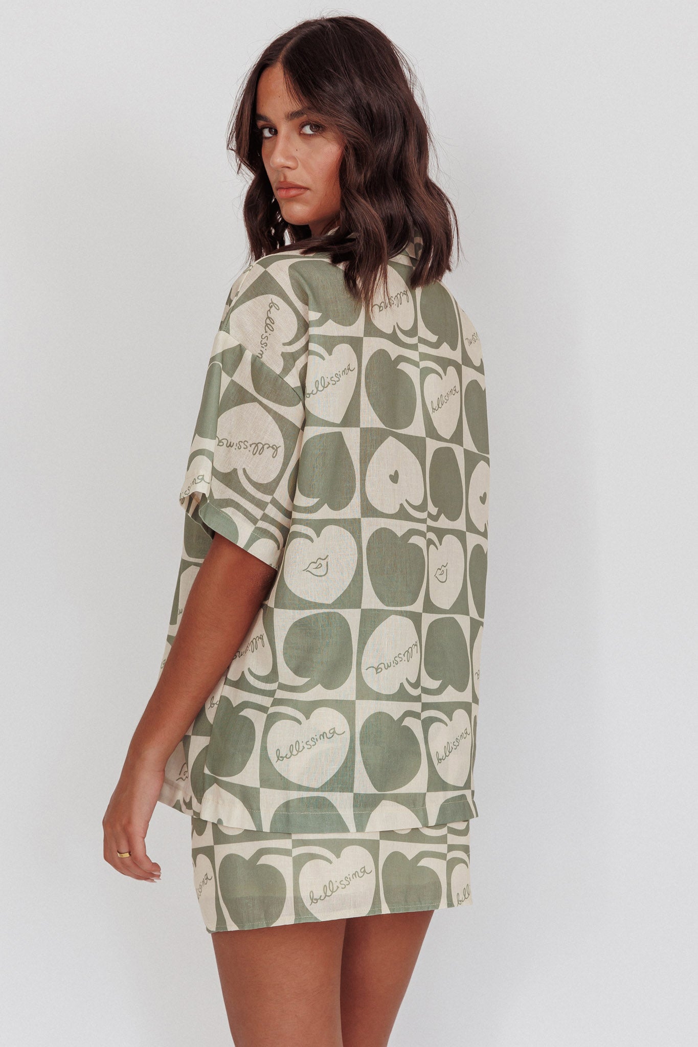 Ithaca Cherry Print Short Sleeve Shirt Sage Beige by Selfie Leslie Australia