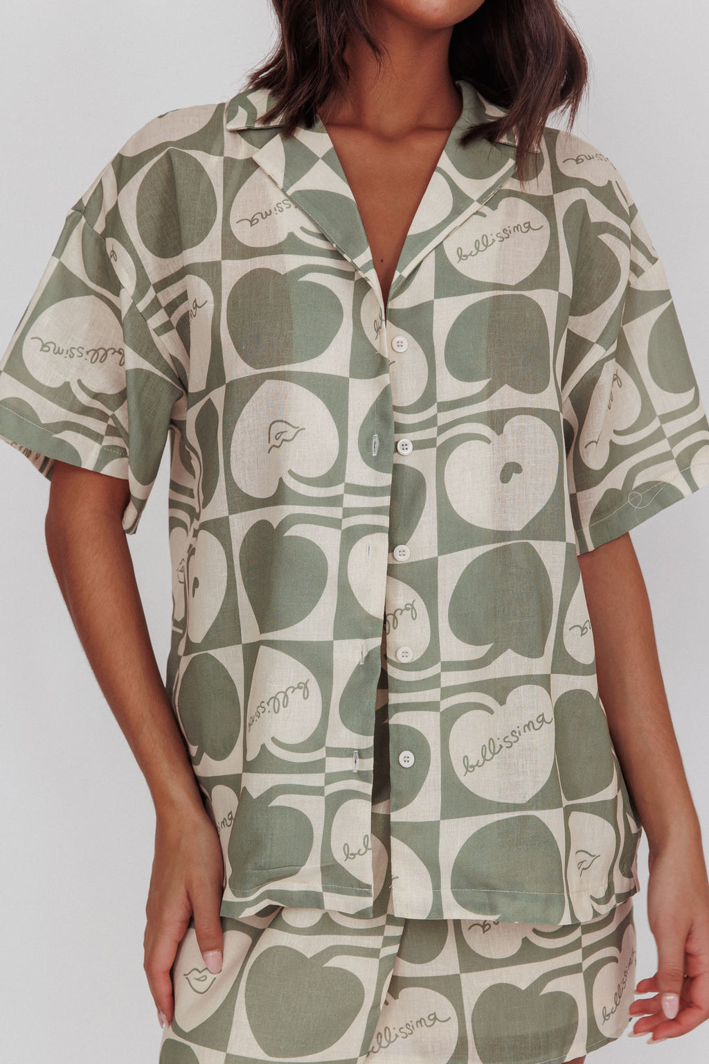 Ithaca Cherry Print Short Sleeve Shirt Sage Beige by Selfie Leslie Australia