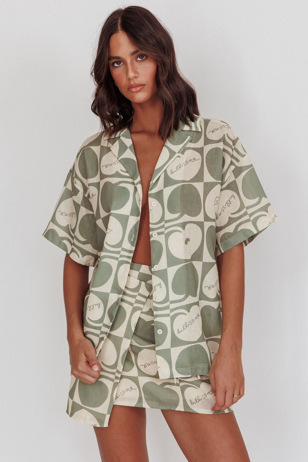 Ithaca Cherry Print Short Sleeve Shirt Sage Beige by Selfie Leslie Australia