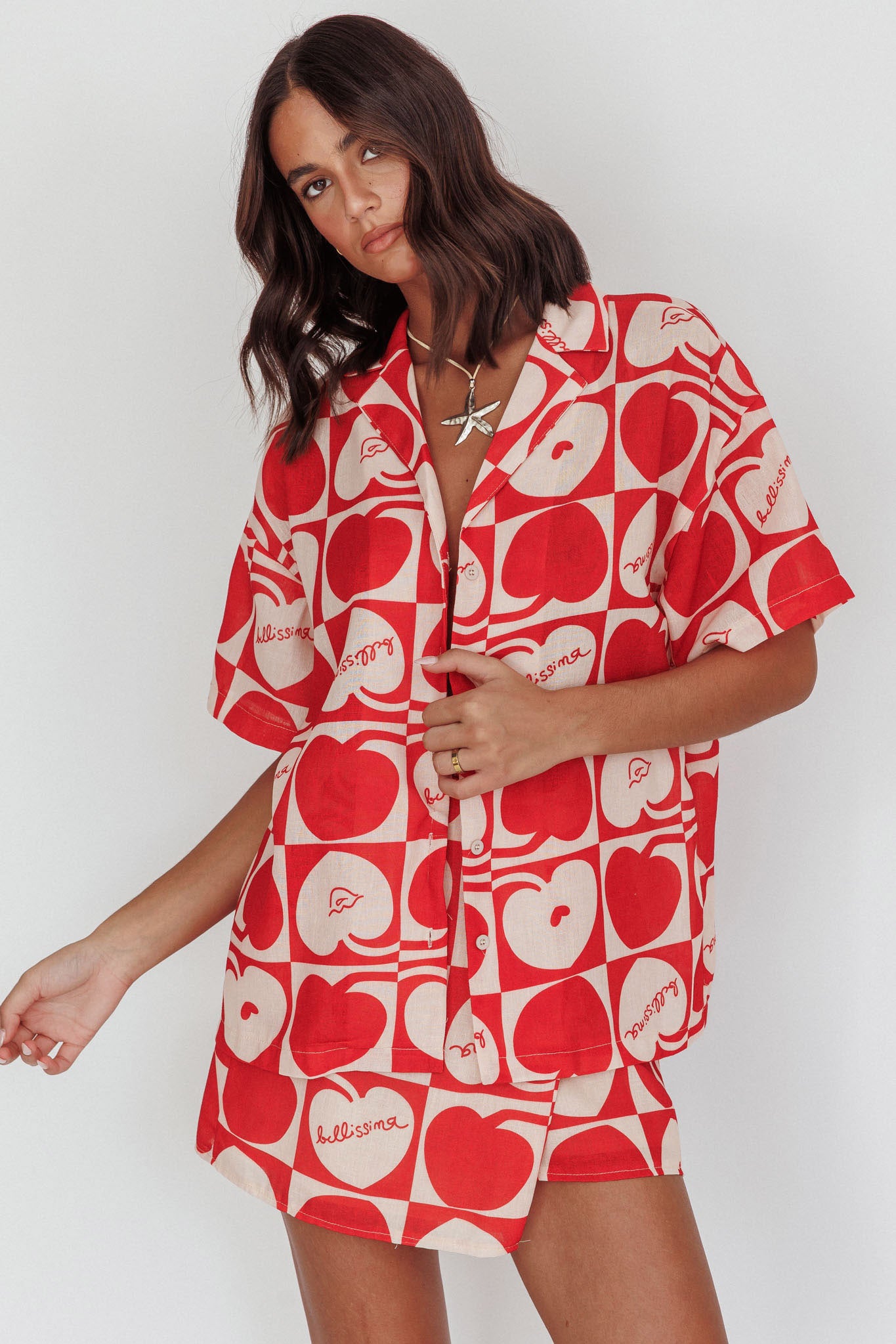 Ithaca Cherry Print Short Sleeve Shirt Red Beige by Selfie Leslie Australia