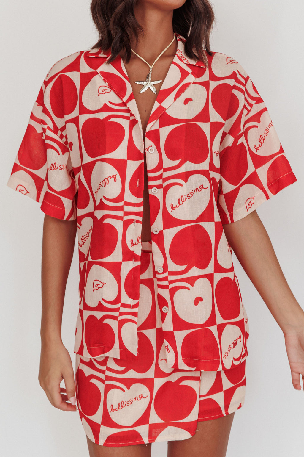 Ithaca Cherry Print Short Sleeve Shirt Red Beige by Selfie Leslie Australia