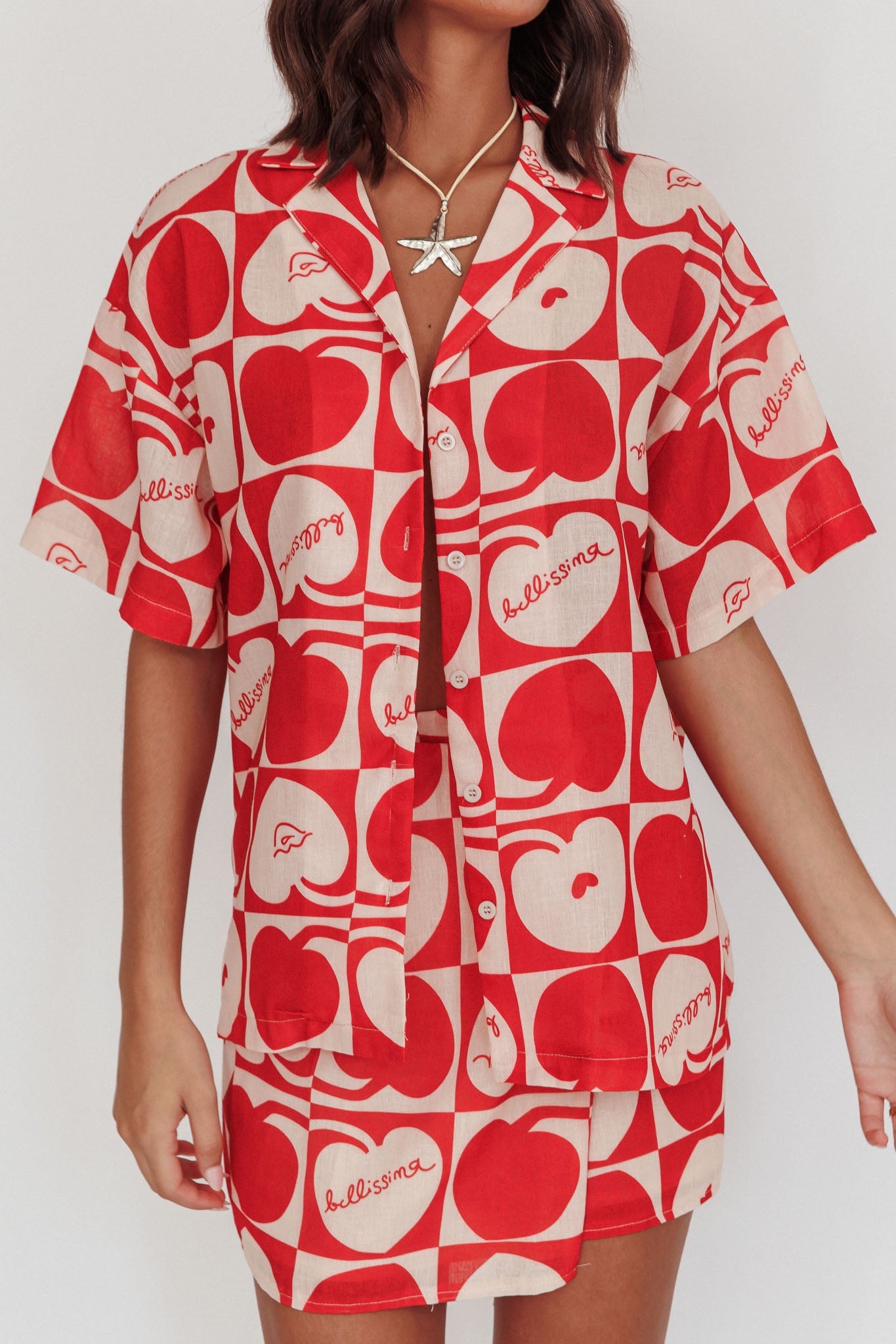 Ithaca Cherry Print Short Sleeve Shirt Red Beige by Selfie Leslie Australia