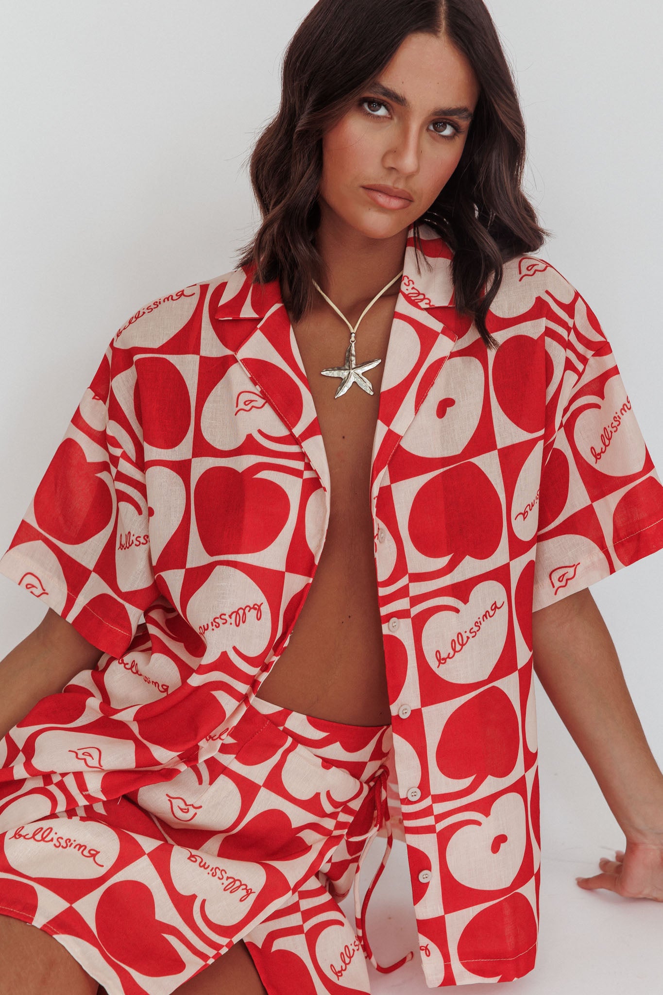 Ithaca Cherry Print Short Sleeve Shirt Red Beige by Selfie Leslie Australia