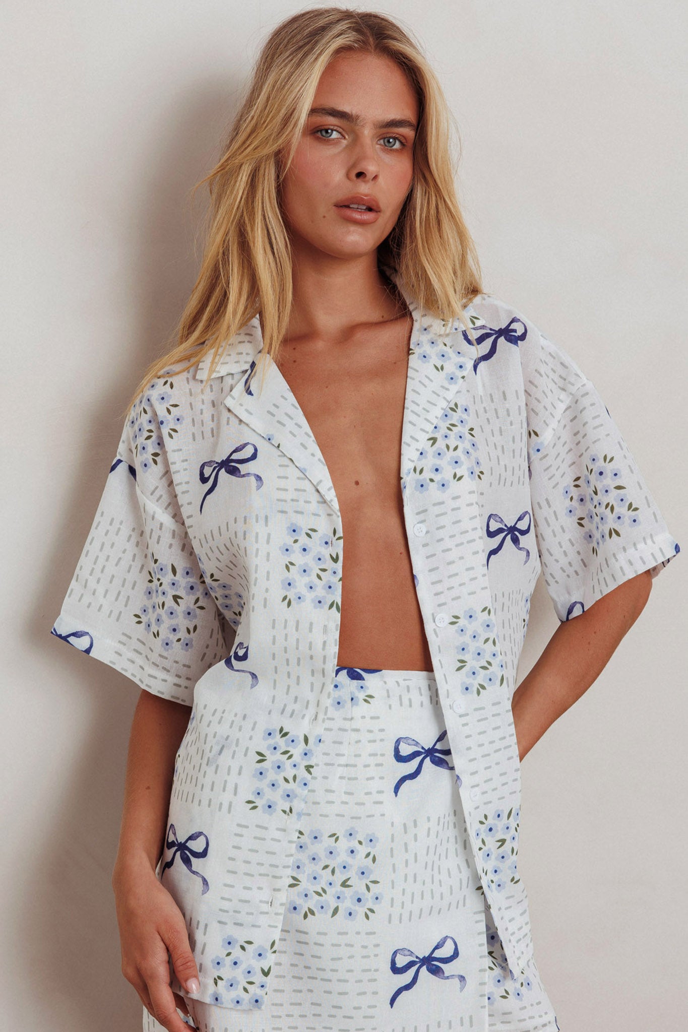 Ithaca Short Sleeve Button Shirt Bow Print Blue by Selfie Leslie Australia