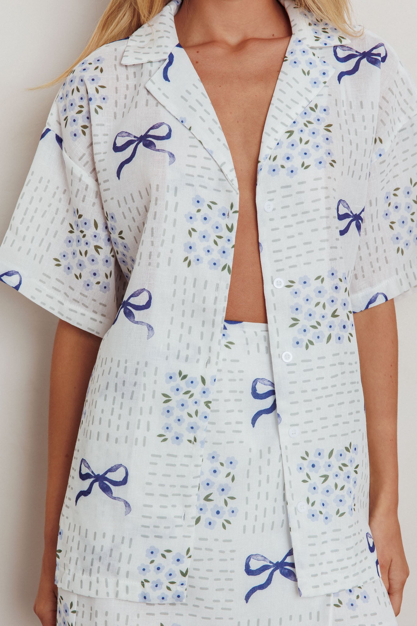 Ithaca Short Sleeve Button Shirt Bow Print Blue by Selfie Leslie Australia