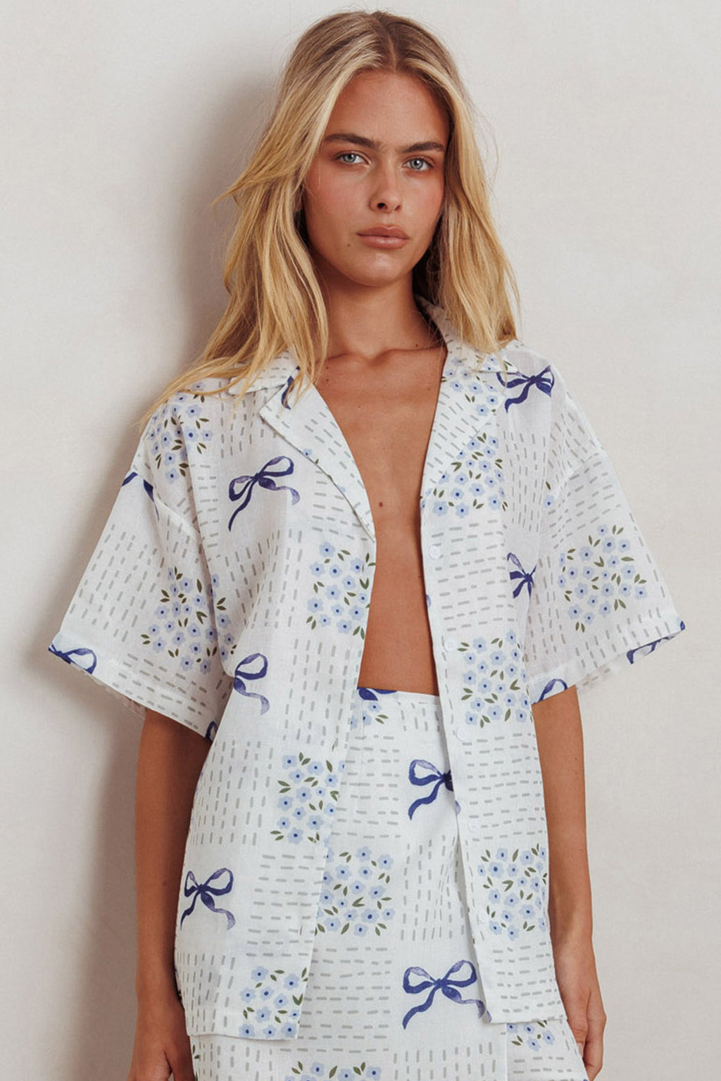 Ithaca Short Sleeve Button Shirt Bow Print Blue by Selfie Leslie Australia