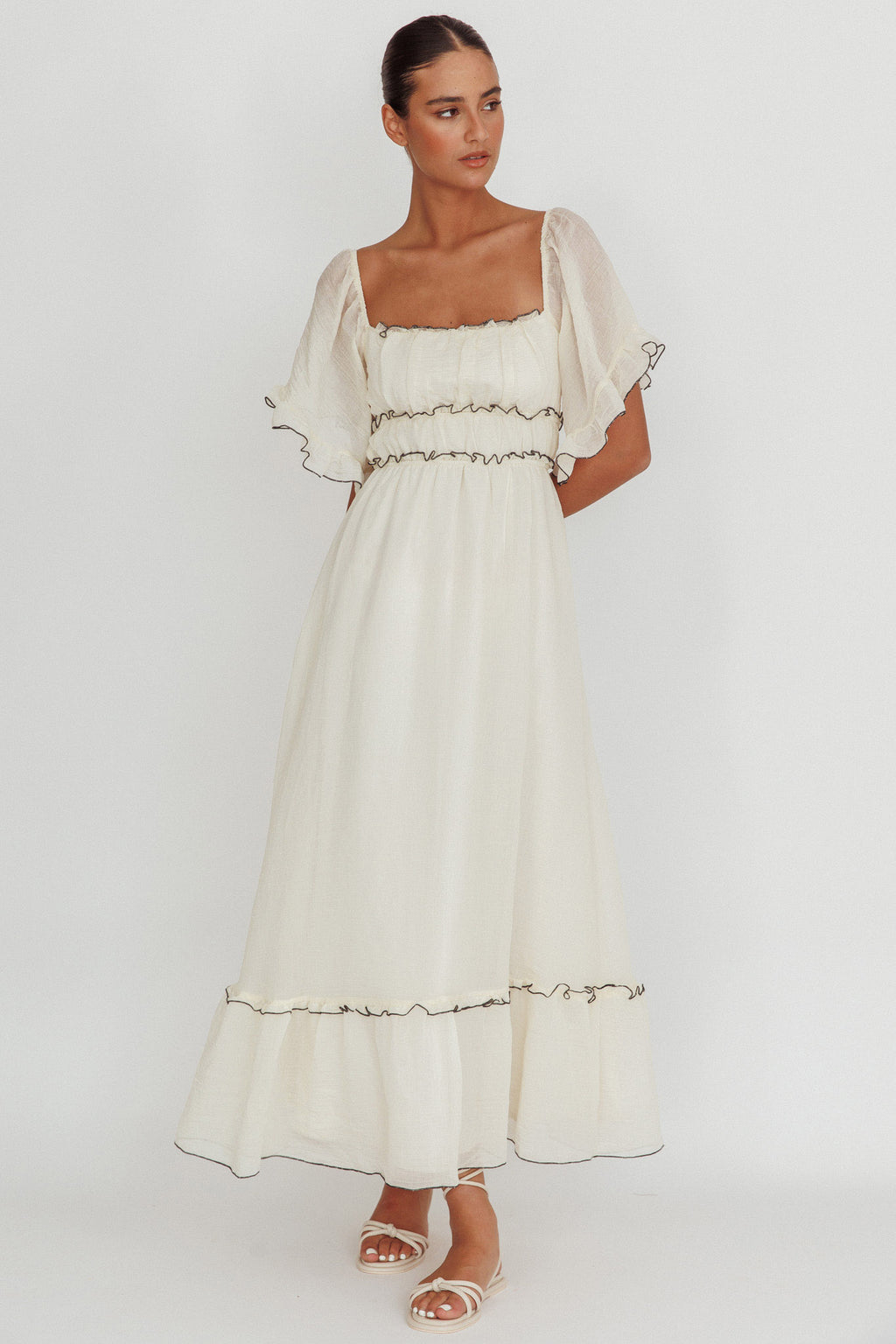 Kathlene Flutter Sleeves Maxi Dress Cream by Selfie Leslie Australia