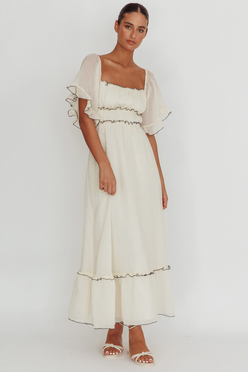 Kathlene Flutter Sleeves Maxi Dress Cream by Selfie Leslie Australia