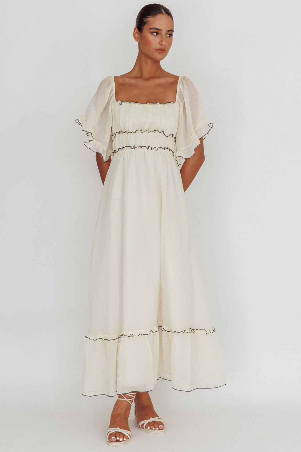 Kathlene Flutter Sleeves Maxi Dress Cream by Selfie Leslie Australia