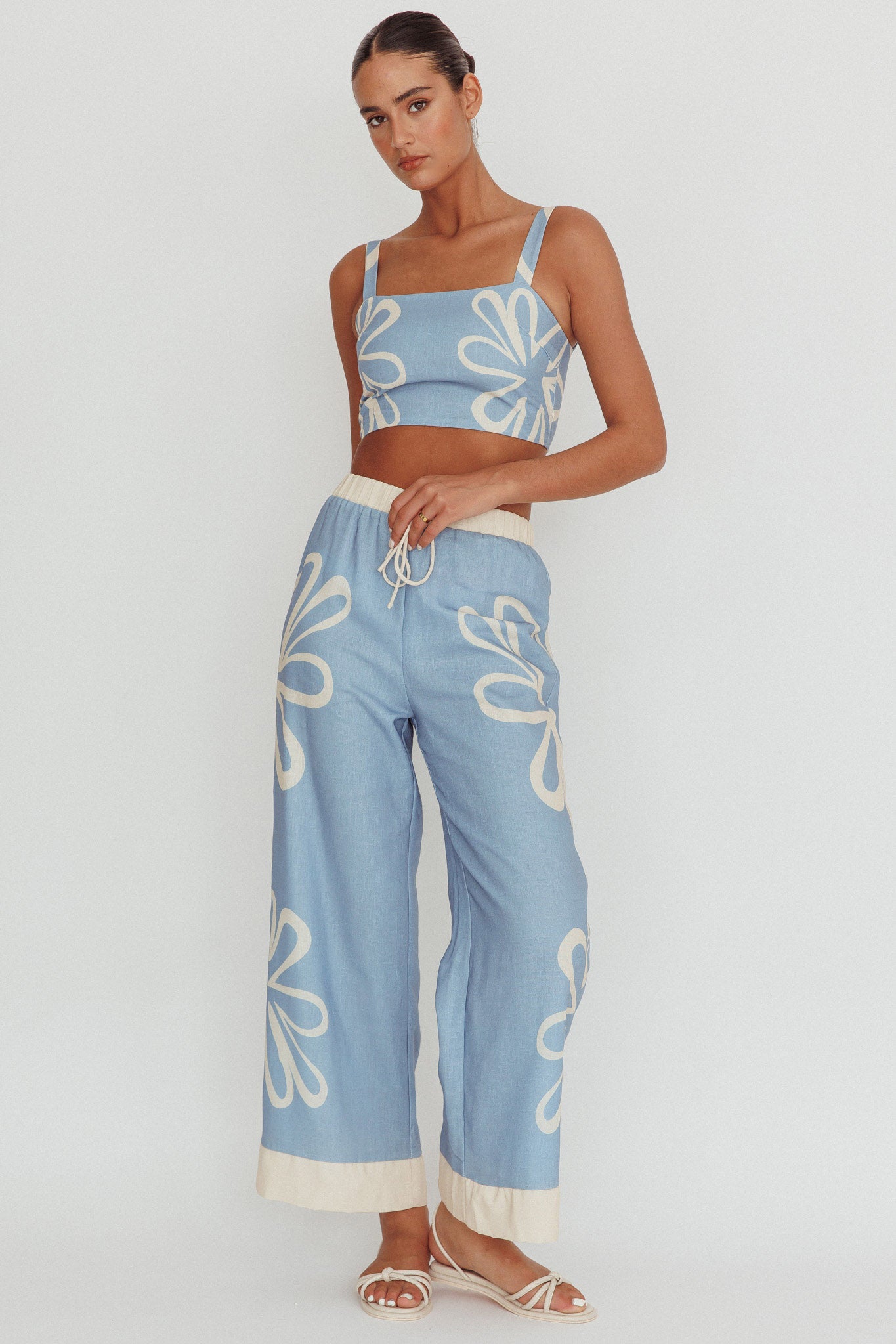 Briar Floral Wide Leg Pants Beige Blue by Selfie Leslie Australia
