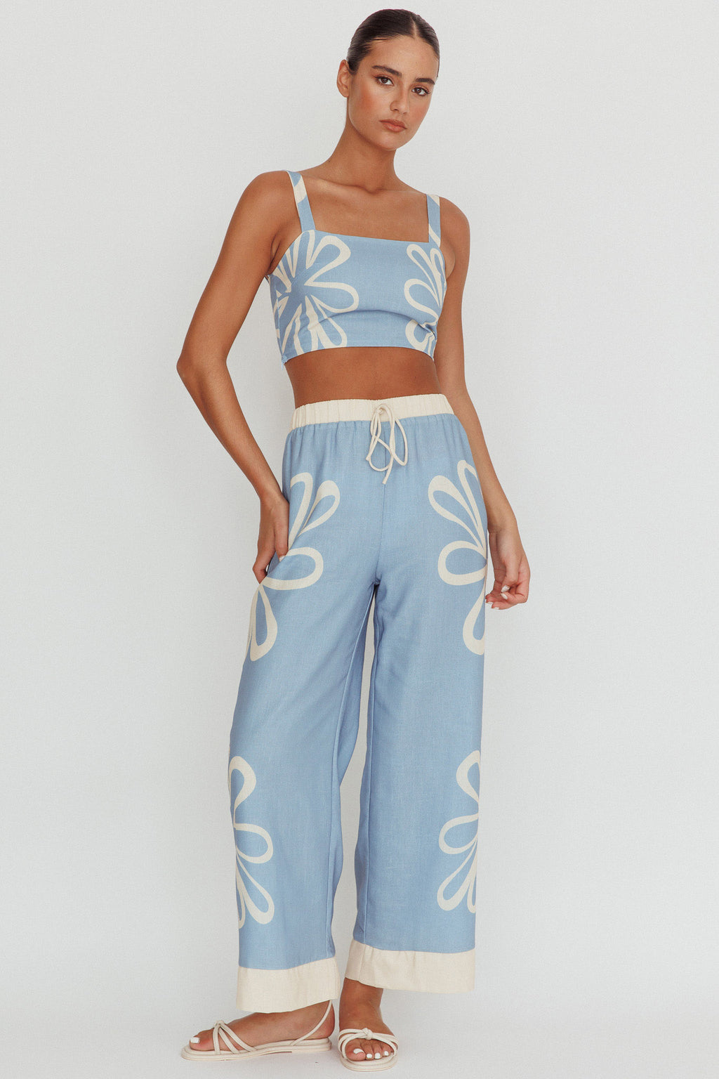 Briar Floral Wide Leg Pants Beige Blue by Selfie Leslie Australia