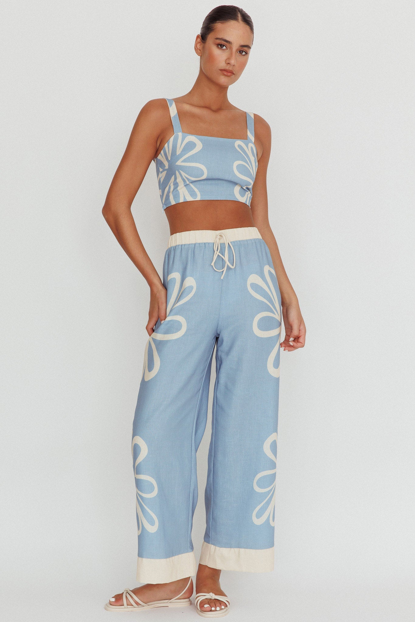 Briar Floral Wide Leg Pants Beige Blue by Selfie Leslie Australia