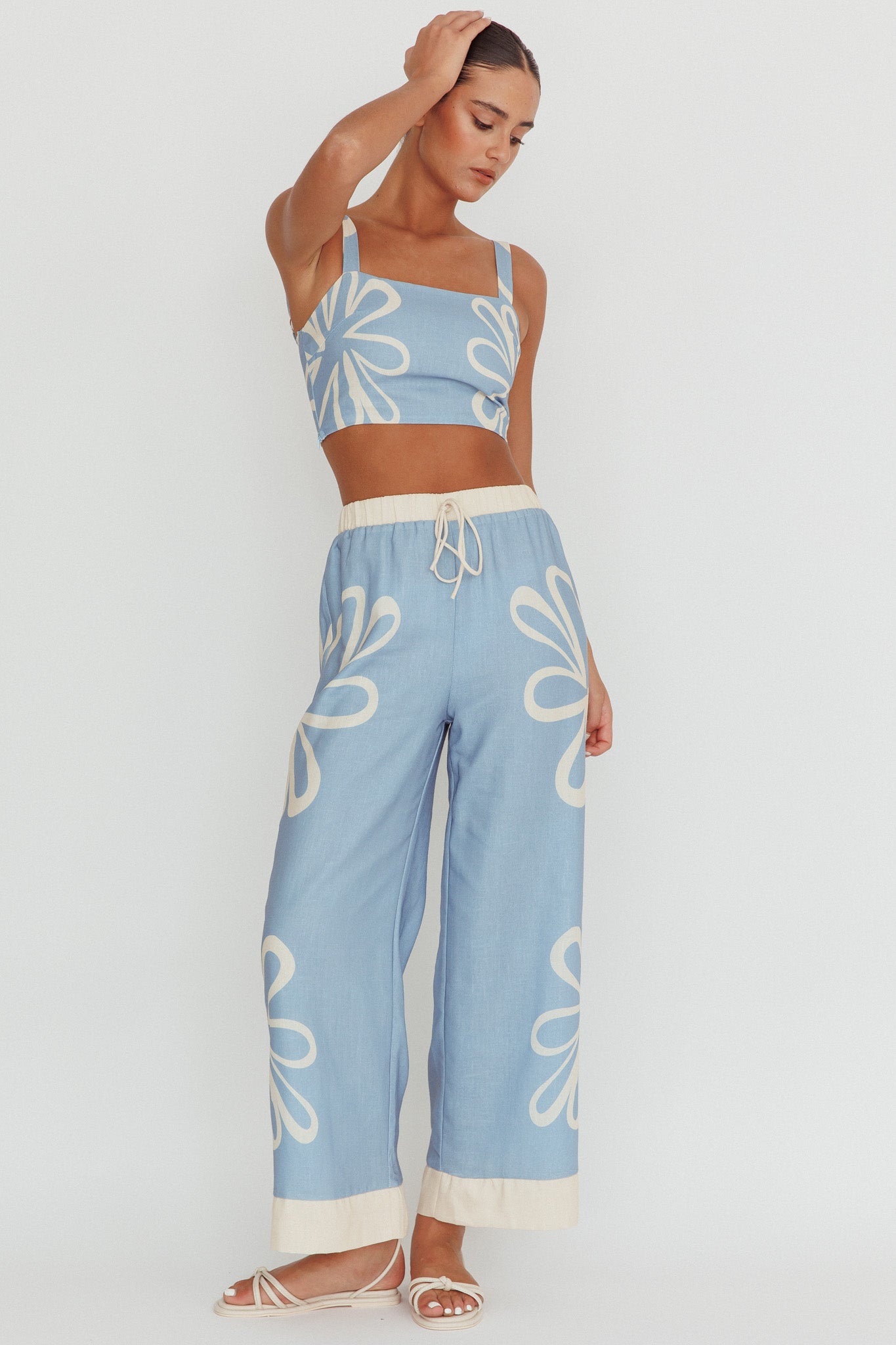 Briar Floral Wide Leg Pants Beige Blue by Selfie Leslie Australia