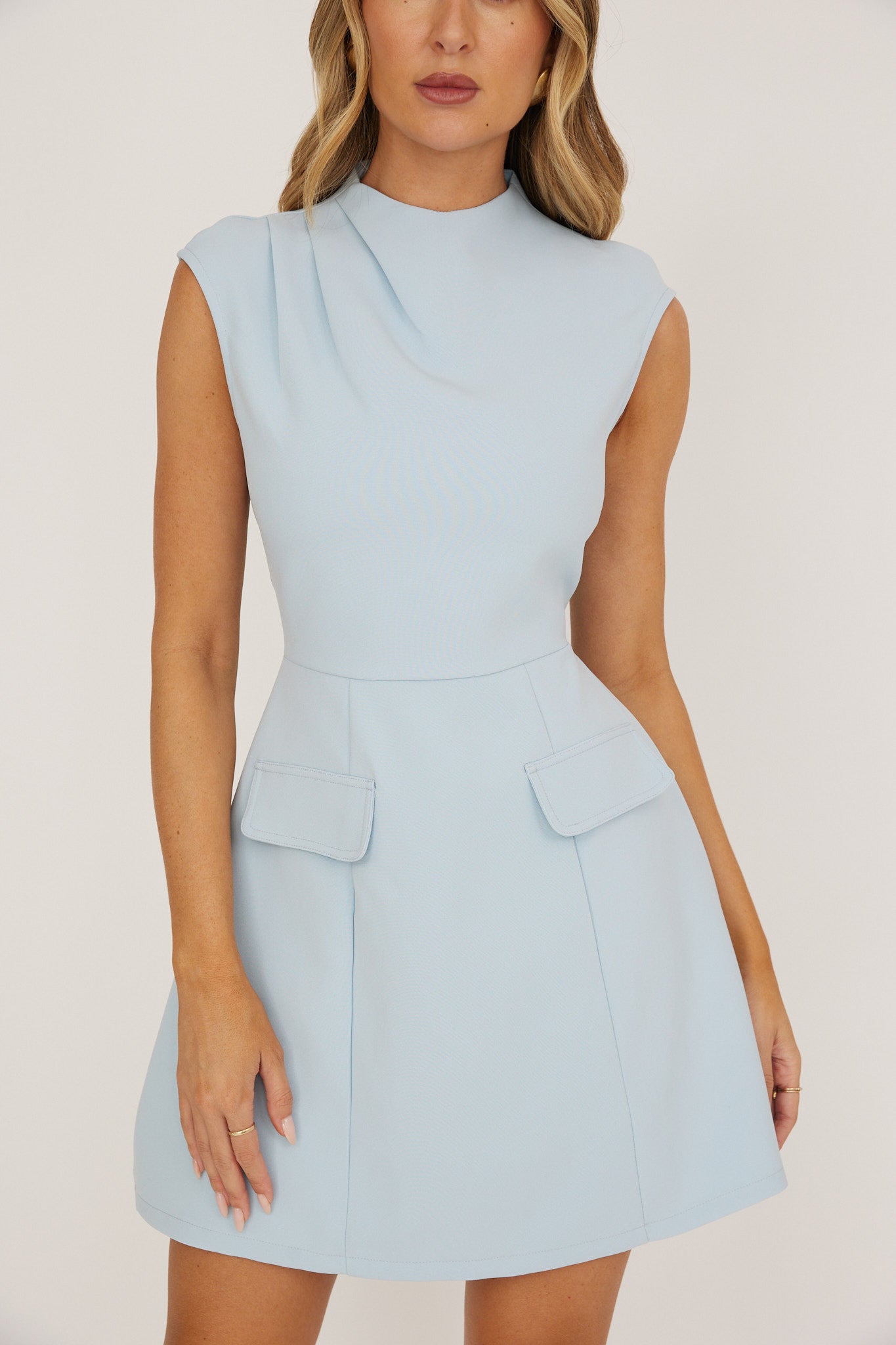 Thandi Pleat Shoulder Faux Pocket Mini Dress Steel Blue by Selfie Leslie Australia
