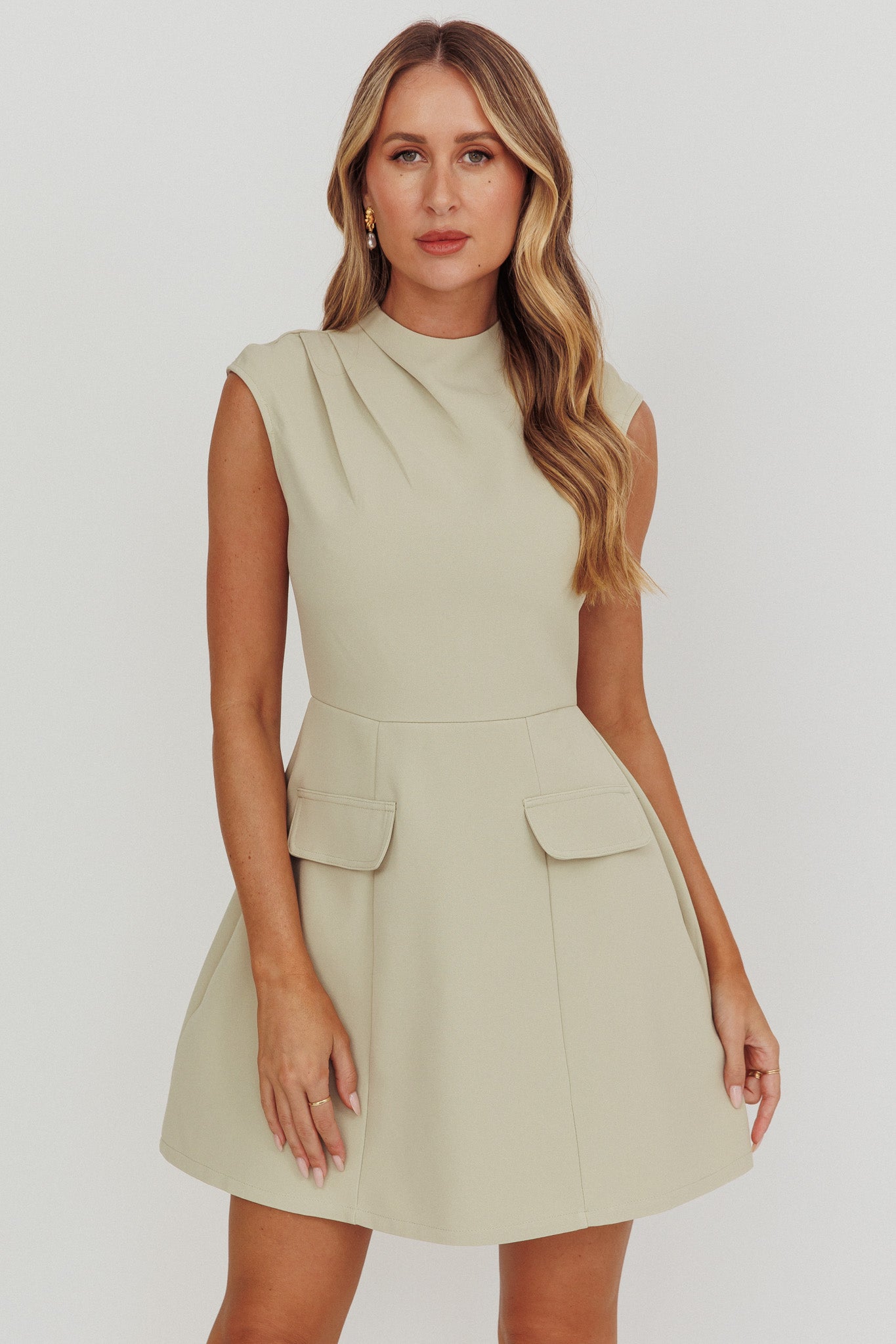 Thandi Pleat Shoulder Faux Pocket Mini Dress Sage by Selfie Leslie Australia