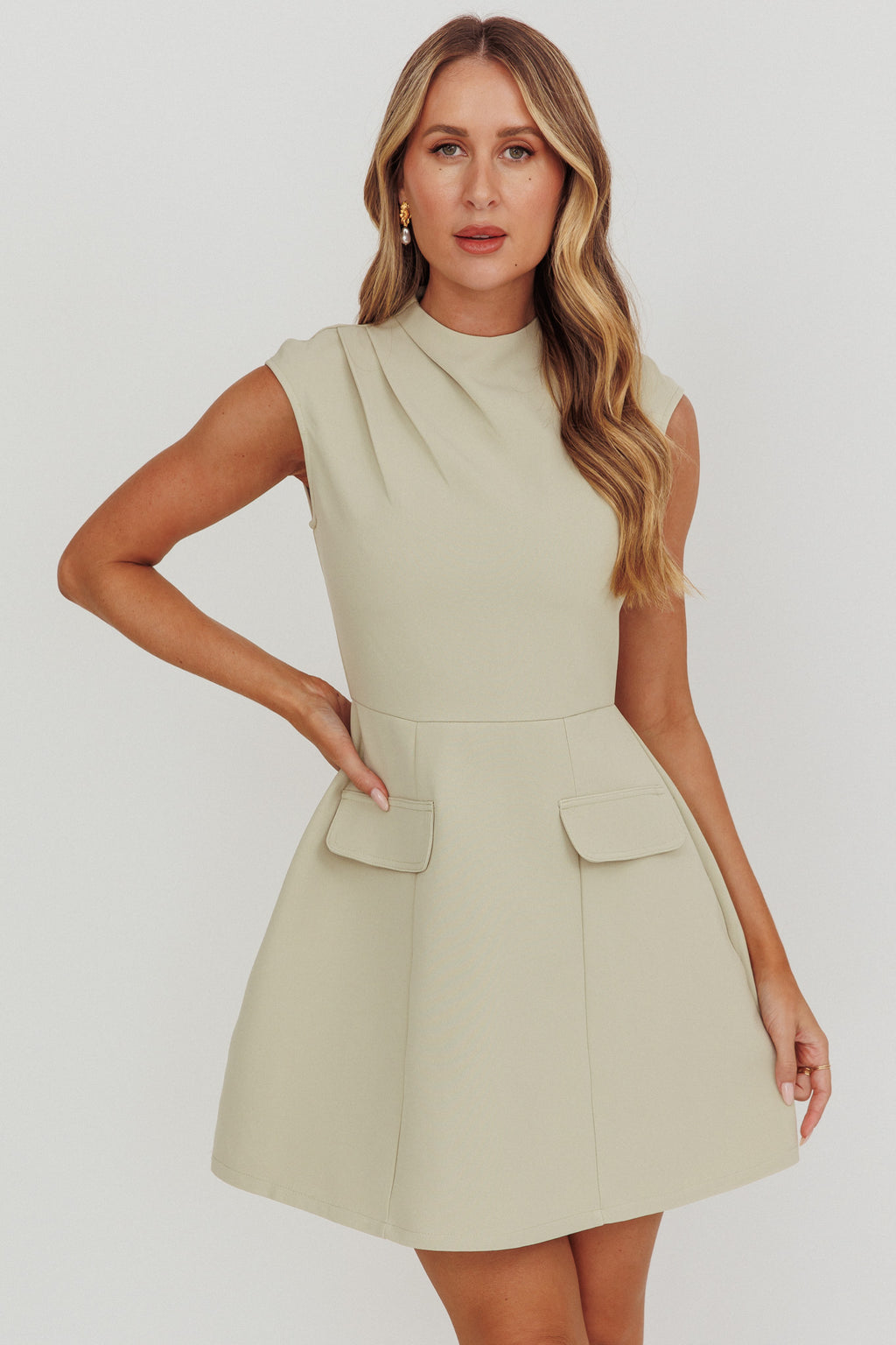Thandi Pleat Shoulder Faux Pocket Mini Dress Sage by Selfie Leslie Australia