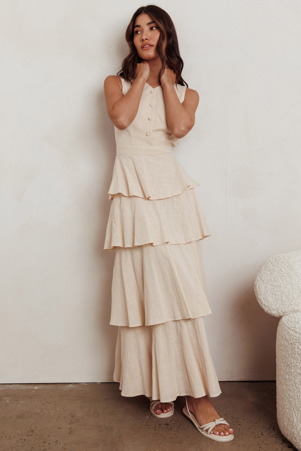 Just Perfect Tiered Ruffle Maxi Dress Oat by Selfie Leslie Australia