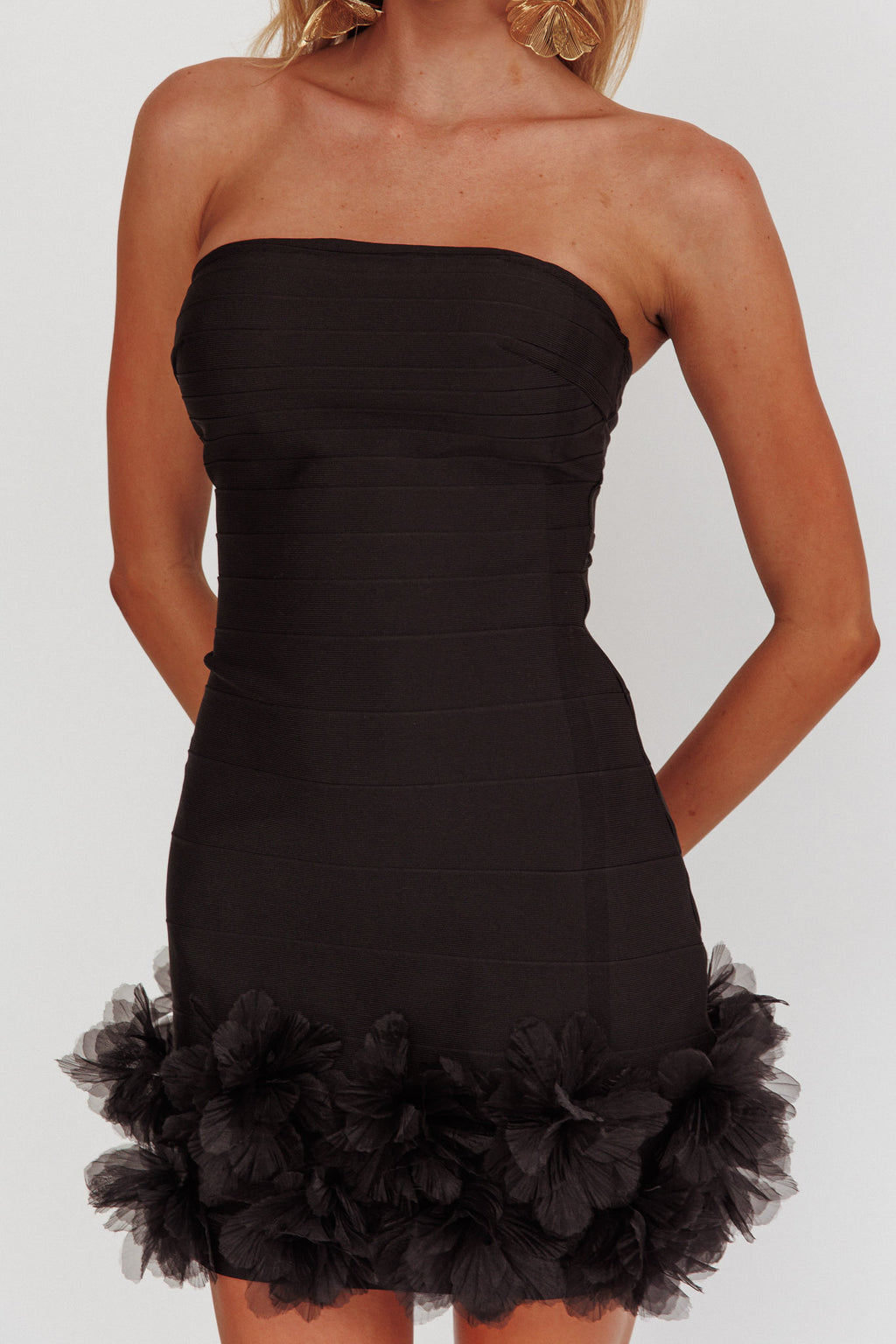 Leni Strapless Embellished Hem Mini Dress Black by Selfie Leslie Australia