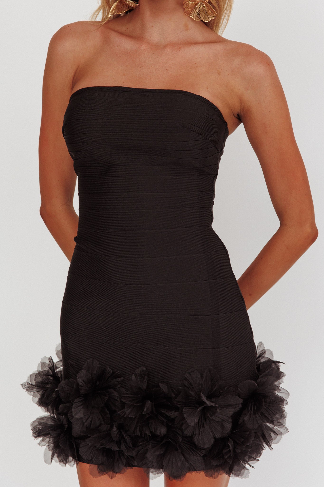 Leni Strapless Embellished Hem Mini Dress Black by Selfie Leslie Australia