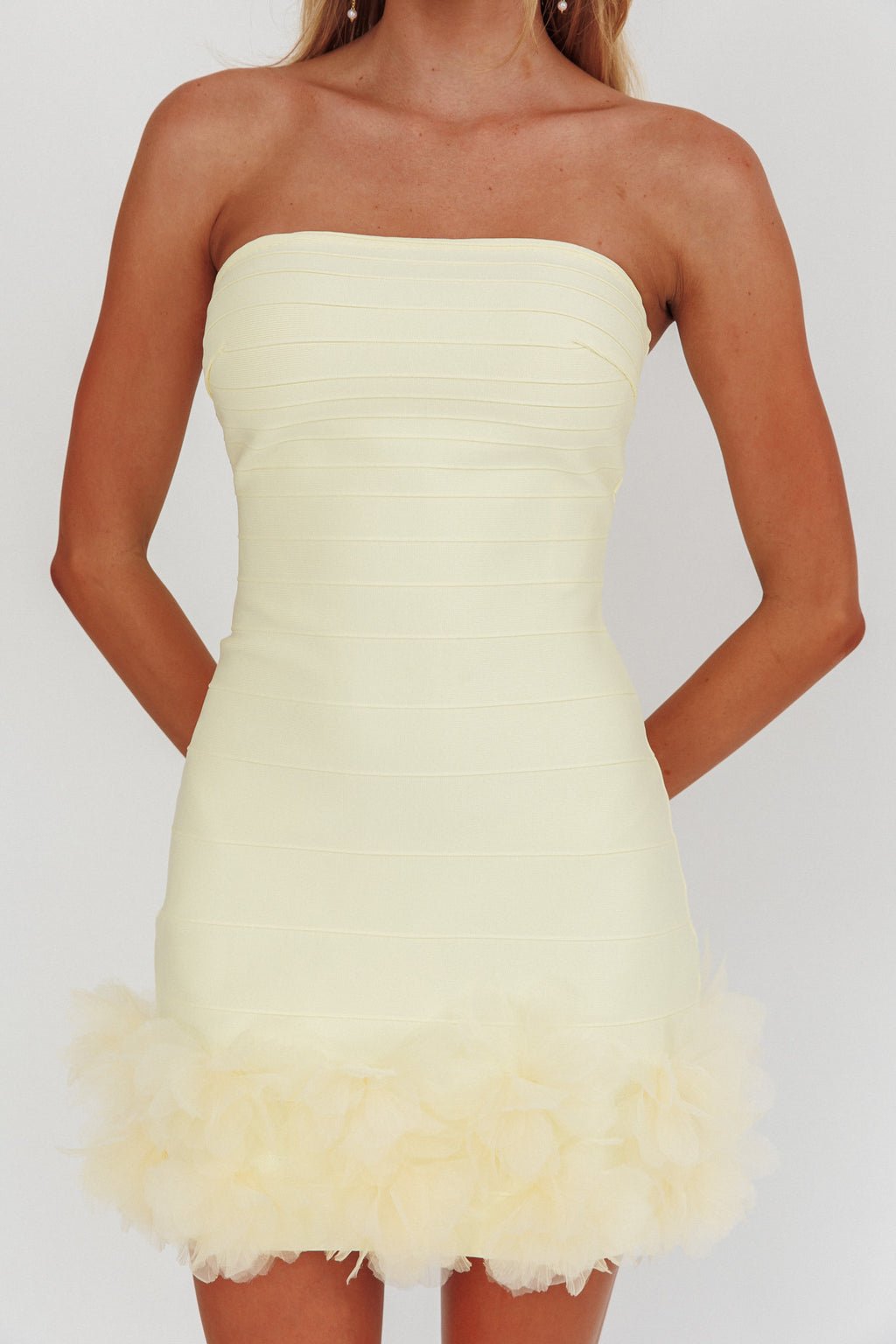 Leni Strapless Embellished Hem Mini Dress Lemon by Selfie Leslie Australia