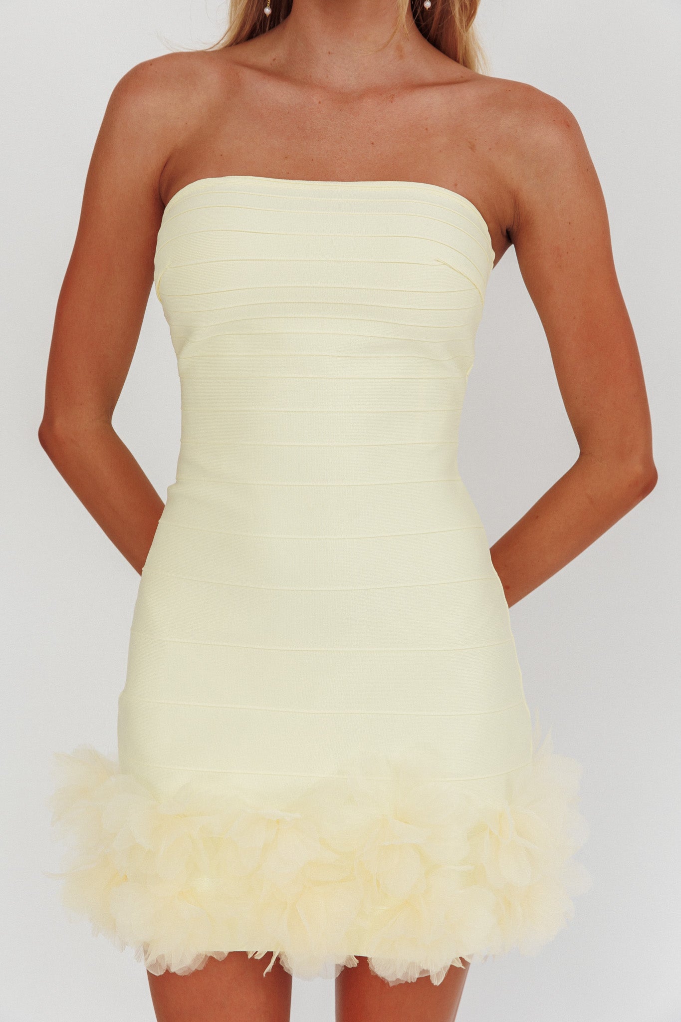 Leni Strapless Embellished Hem Mini Dress Lemon by Selfie Leslie Australia