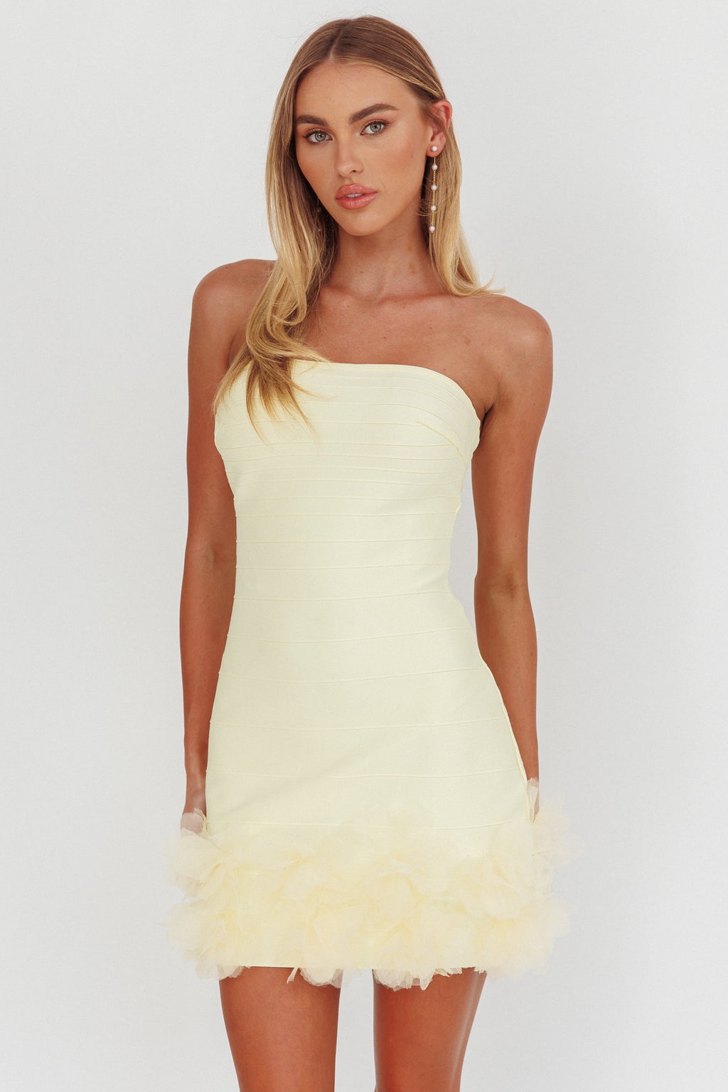 Leni Strapless Embellished Hem Mini Dress Lemon by Selfie Leslie Australia