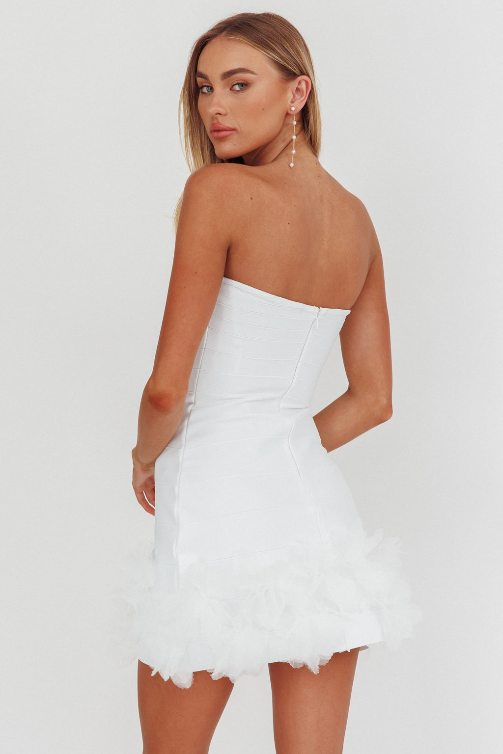 Leni Strapless Embellished Hem Mini Dress White by Selfie Leslie Australia
