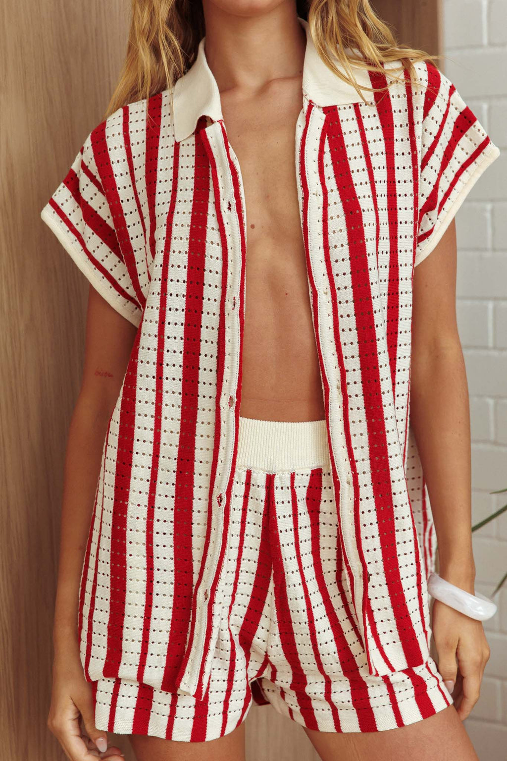 Influence Short Sleeve Knit Shirt Striped Red by Selfie Leslie Australia
