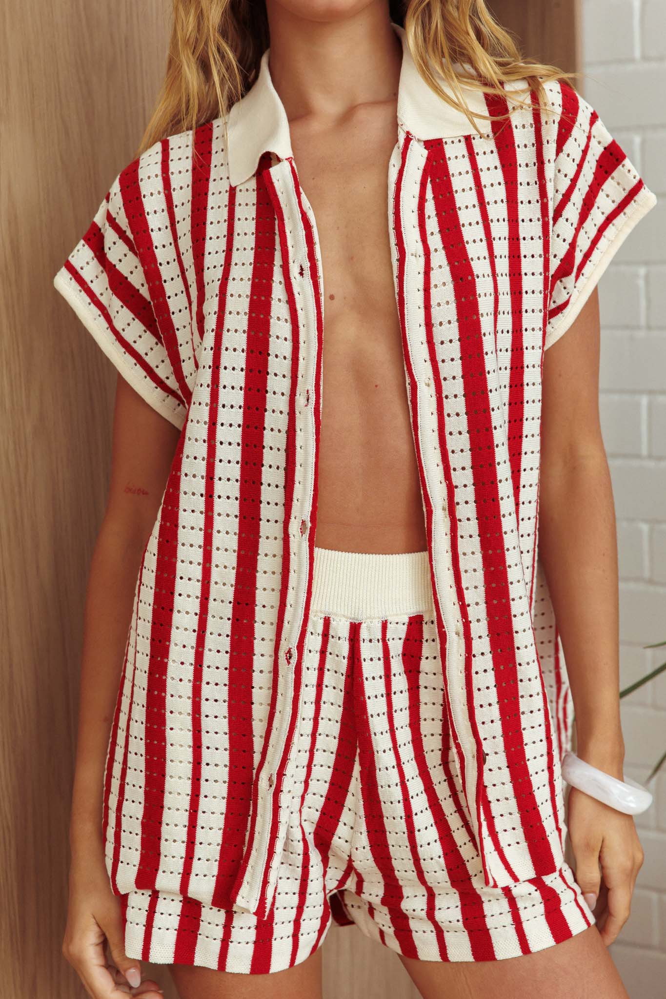Influence Short Sleeve Knit Shirt Striped Red by Selfie Leslie Australia