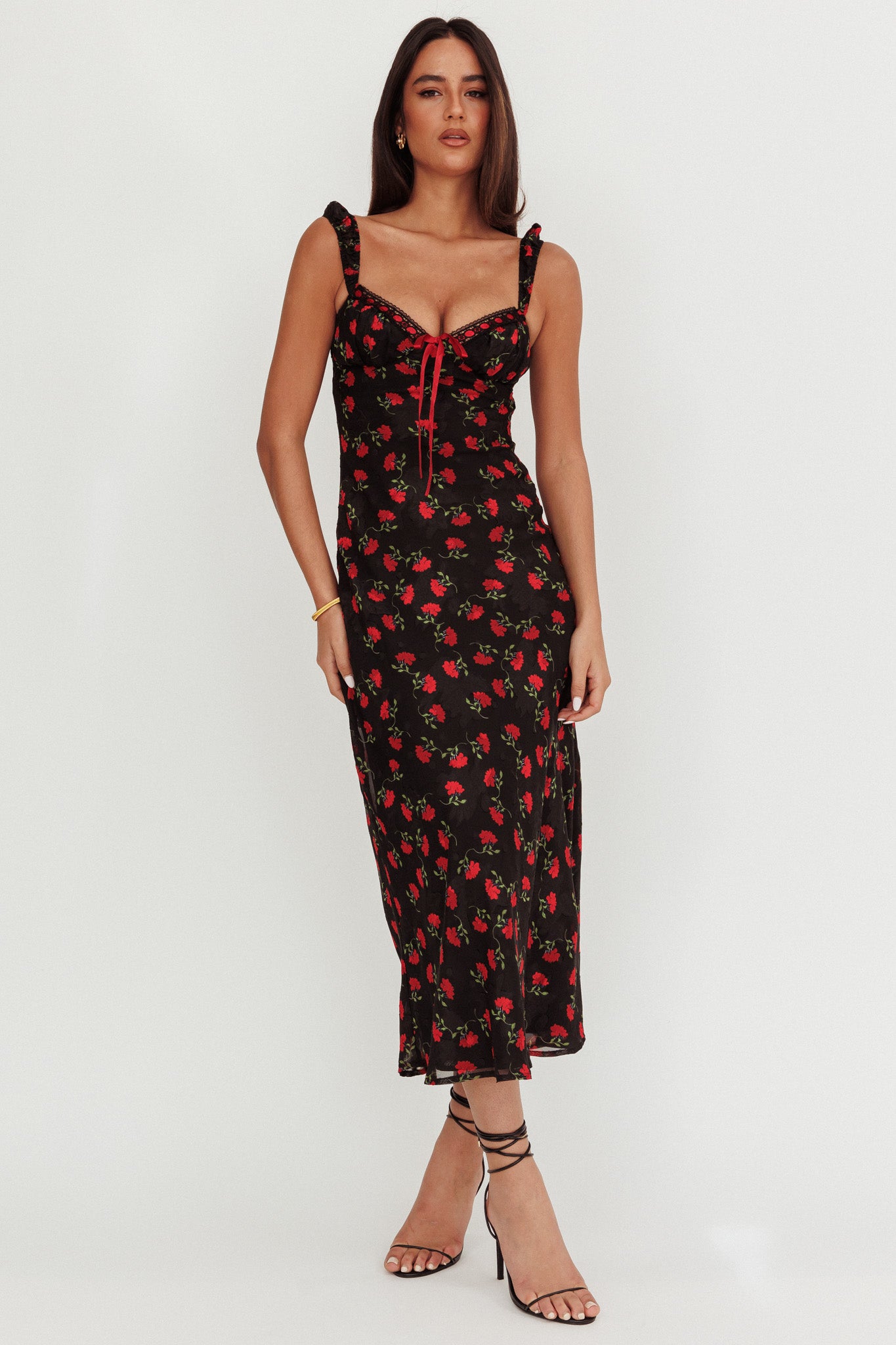 Femme Belle Ribbon Trim Maxi Dress Floral Black by Selfie Leslie Australia