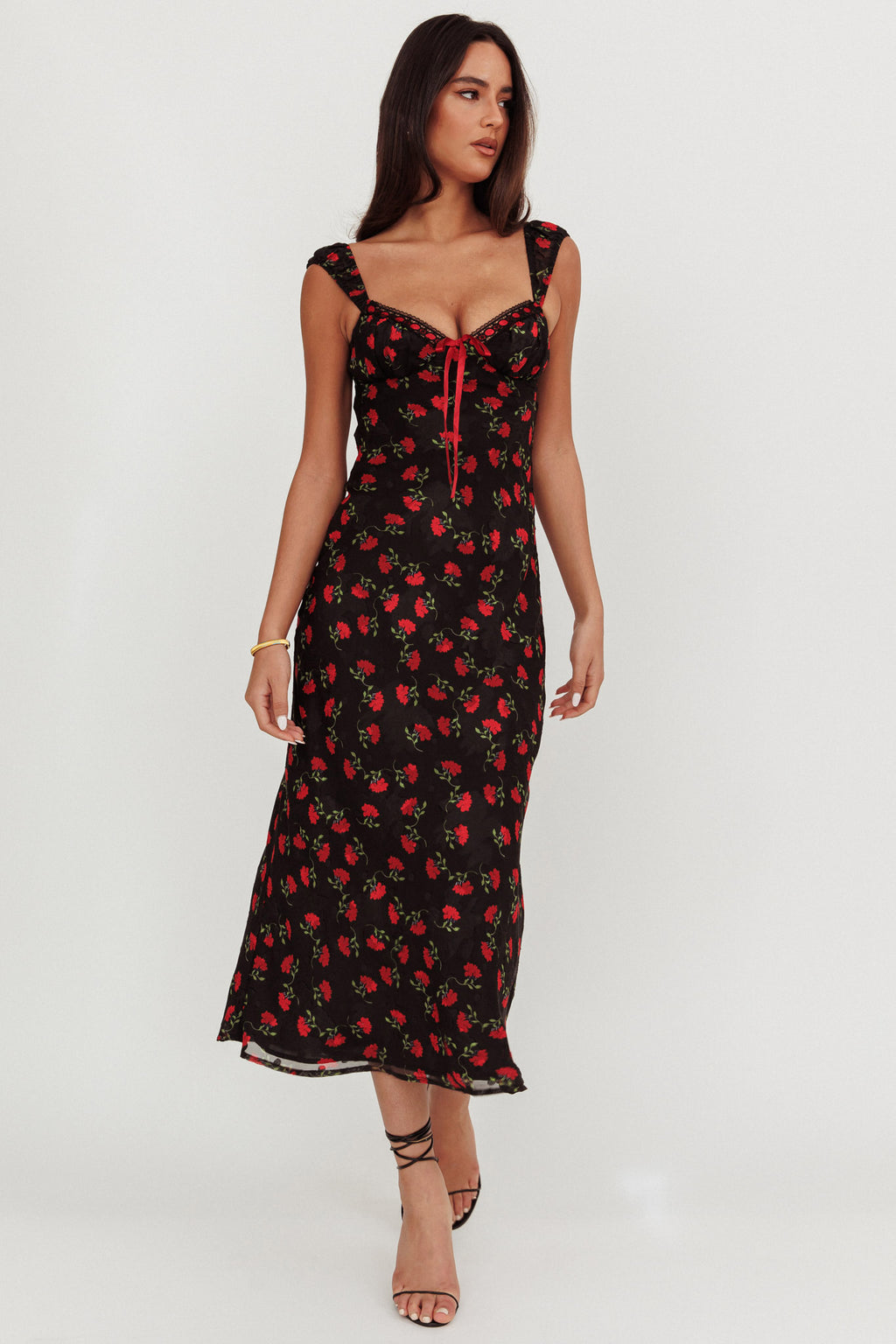 Femme Belle Ribbon Trim Maxi Dress Floral Black by Selfie Leslie Australia