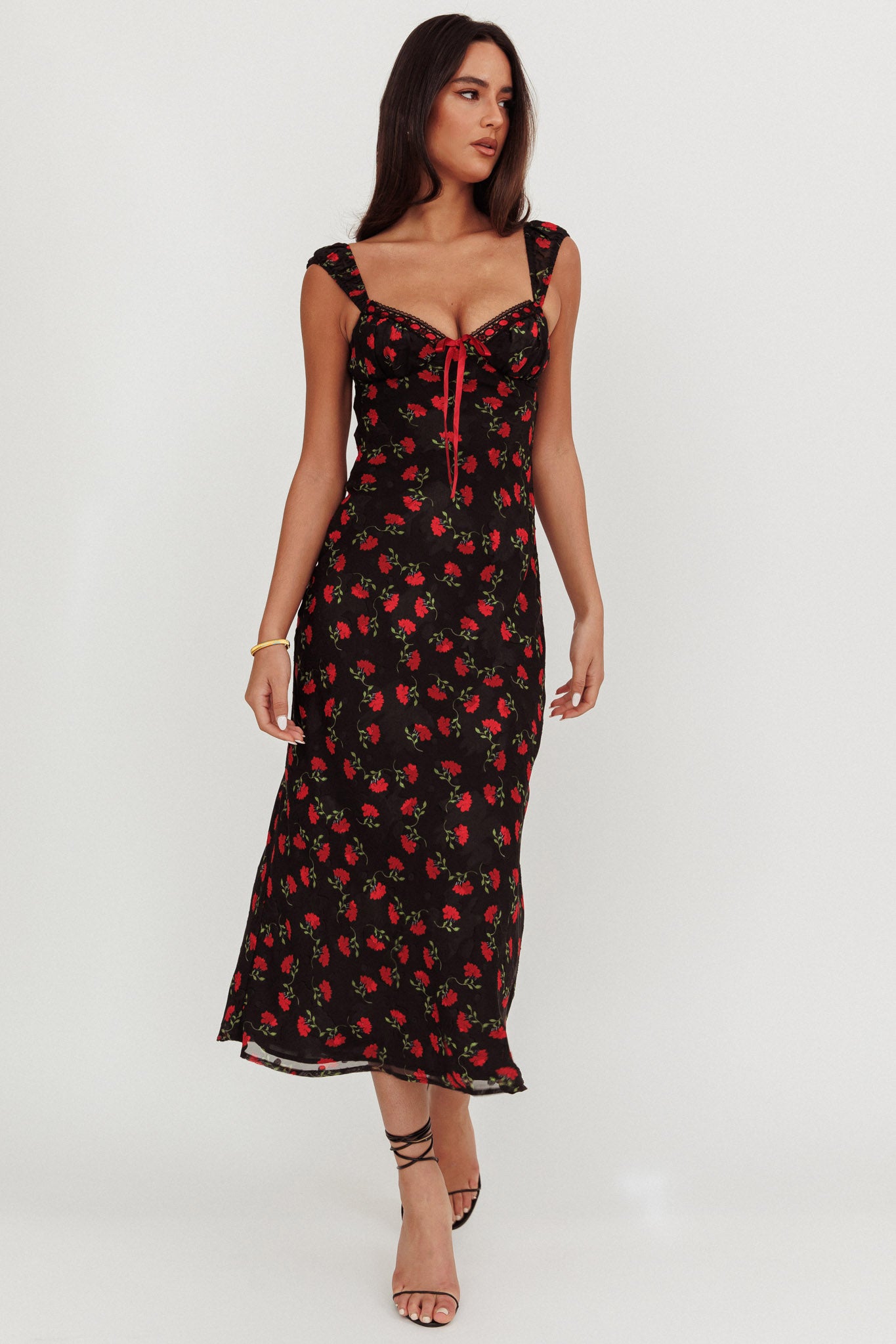 Femme Belle Ribbon Trim Maxi Dress Floral Black by Selfie Leslie Australia