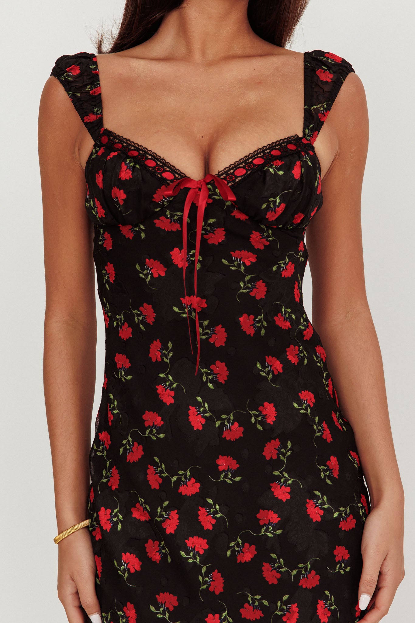 Femme Belle Ribbon Trim Maxi Dress Floral Black by Selfie Leslie Australia