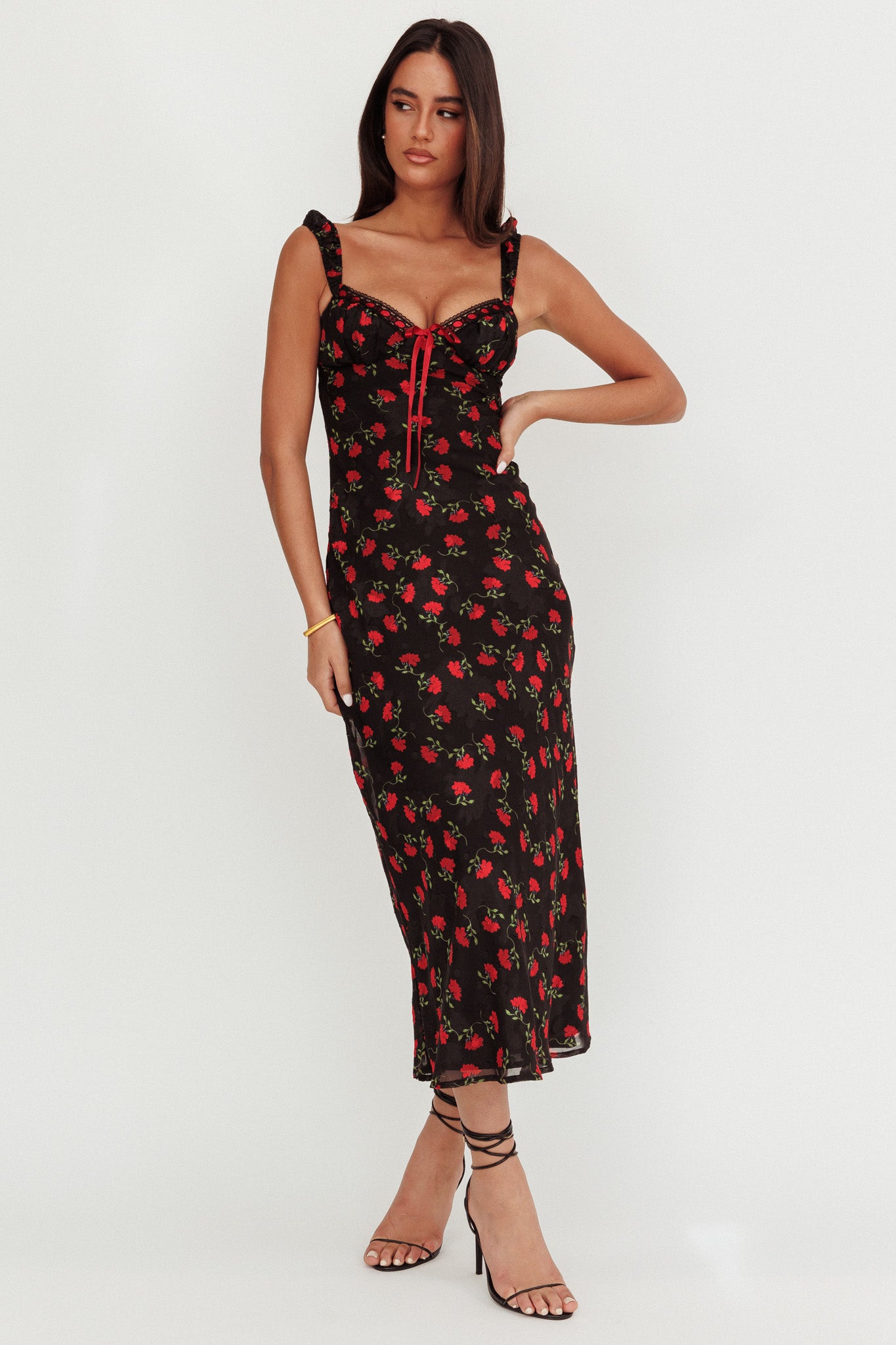 Femme Belle Ribbon Trim Maxi Dress Floral Black by Selfie Leslie Australia