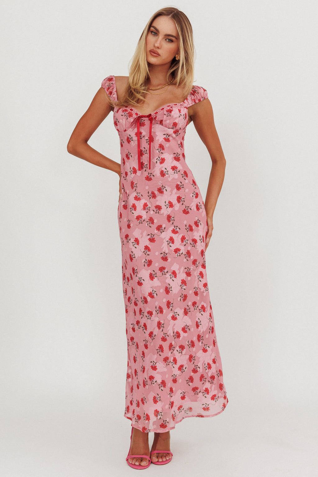Femme Belle Ribbon Trim Maxi Dress Floral Pink by Selfie Leslie Australia