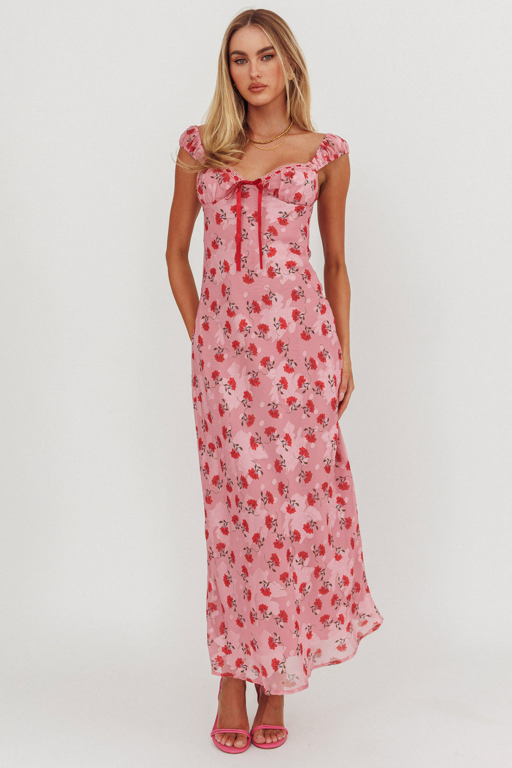 Femme Belle Ribbon Trim Maxi Dress Floral Pink by Selfie Leslie Australia