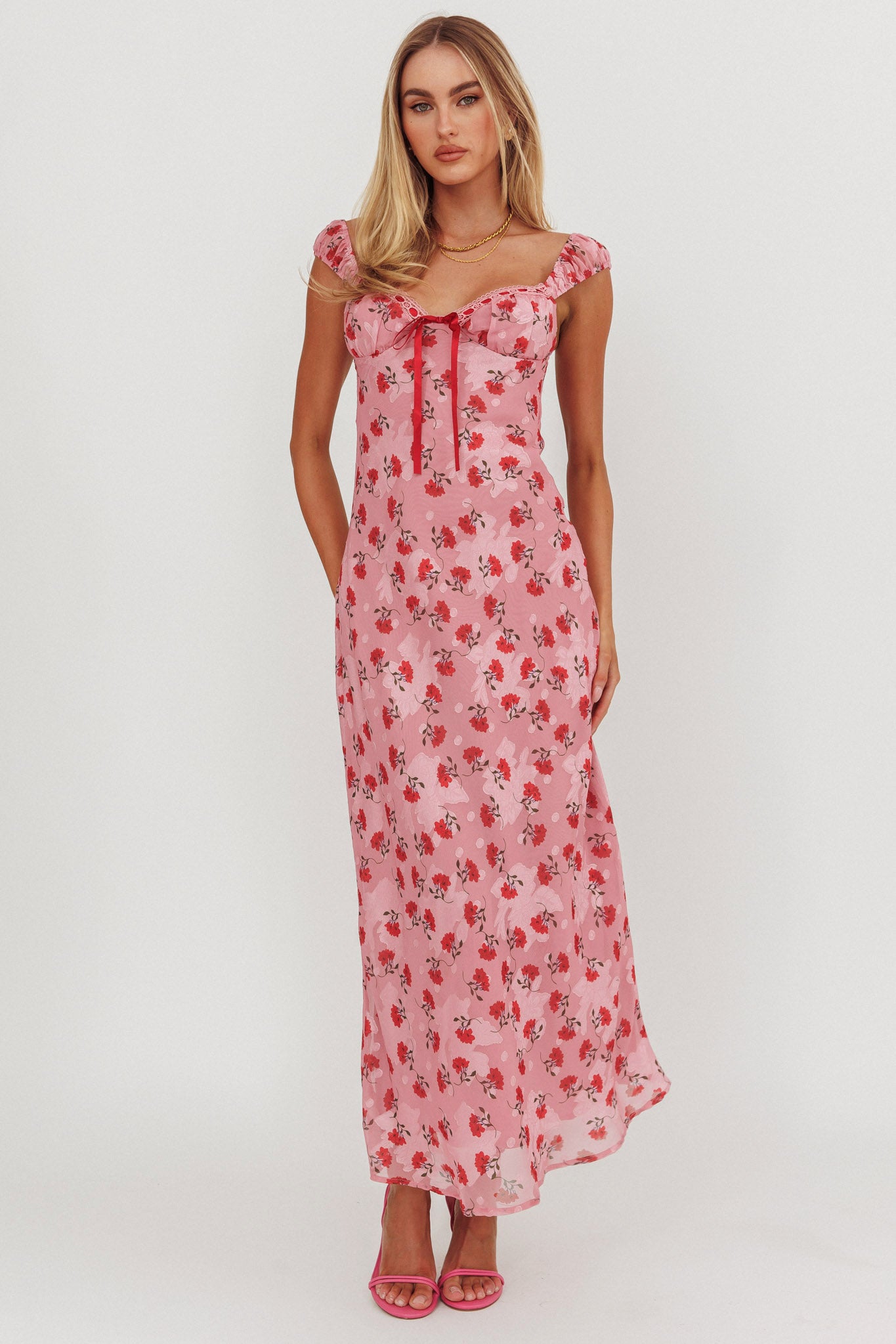 Femme Belle Ribbon Trim Maxi Dress Floral Pink by Selfie Leslie Australia