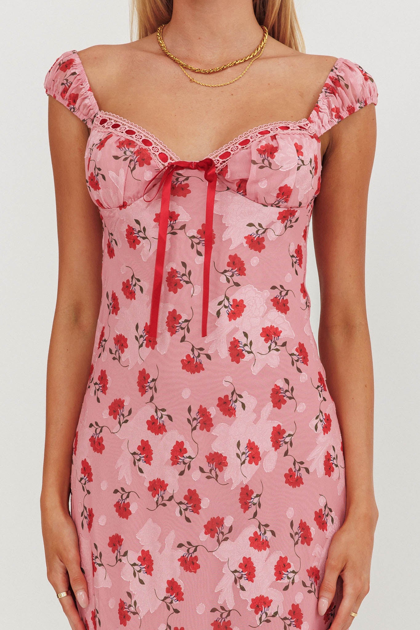 Femme Belle Ribbon Trim Maxi Dress Floral Pink by Selfie Leslie Australia