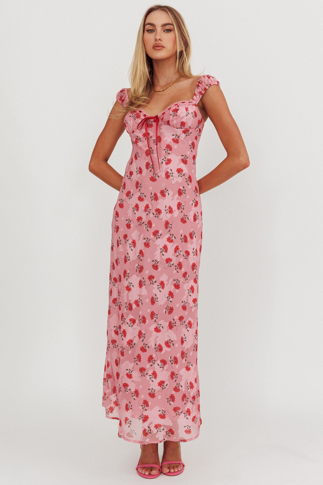 Femme Belle Ribbon Trim Maxi Dress Floral Pink by Selfie Leslie Australia