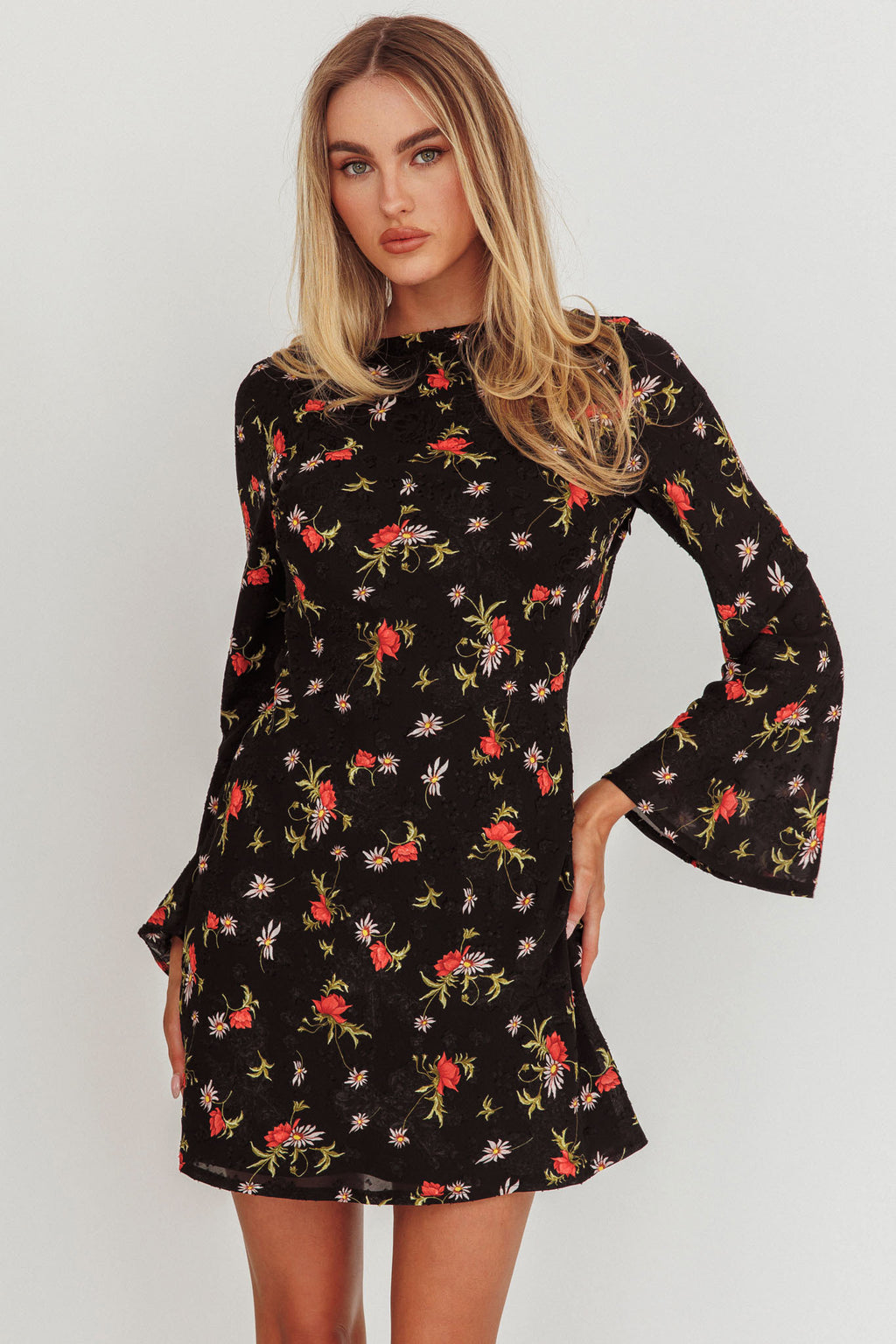 Thriller Long Sleeve Backless Mini Dress Floral Black by Selfie Leslie Australia