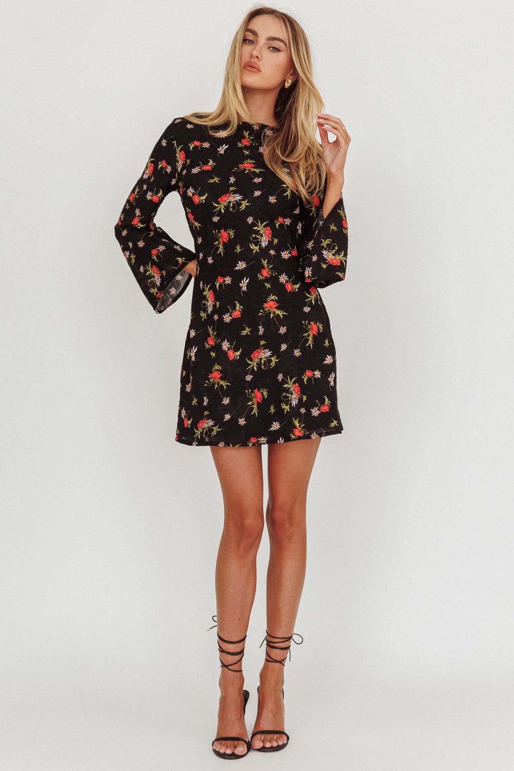 Thriller Long Sleeve Backless Mini Dress Floral Black by Selfie Leslie Australia