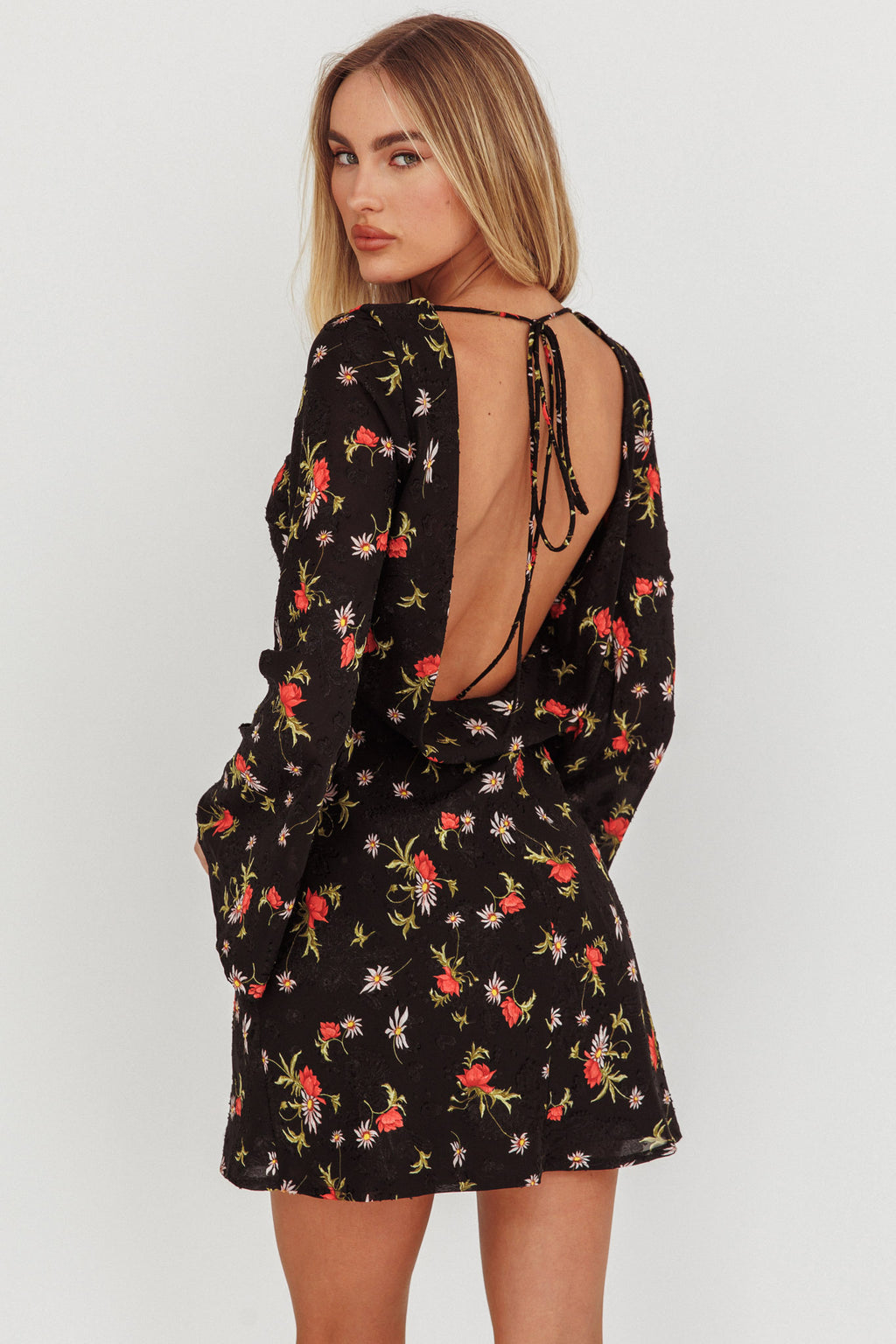 Thriller Long Sleeve Backless Mini Dress Floral Black by Selfie Leslie Australia