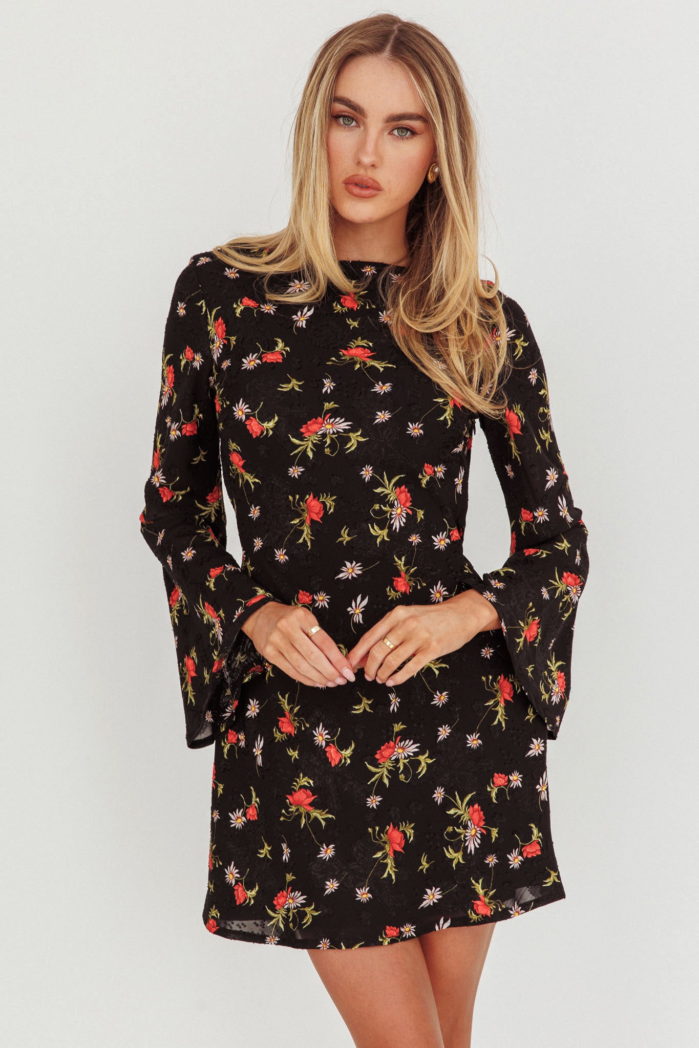 Thriller Long Sleeve Backless Mini Dress Floral Black by Selfie Leslie Australia
