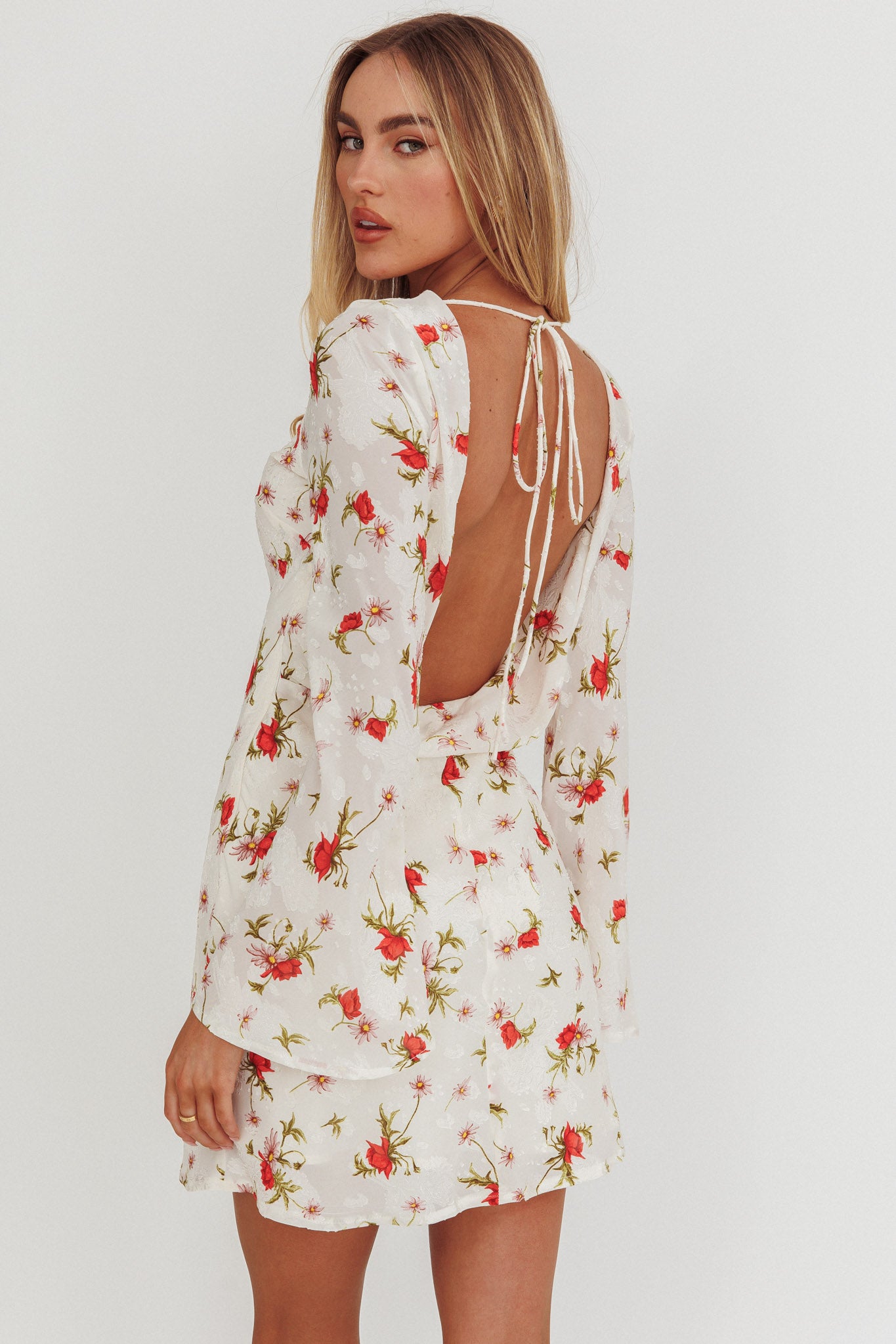 Thriller Long Sleeve Backless Mini Dress Floral White by Selfie Leslie Australia