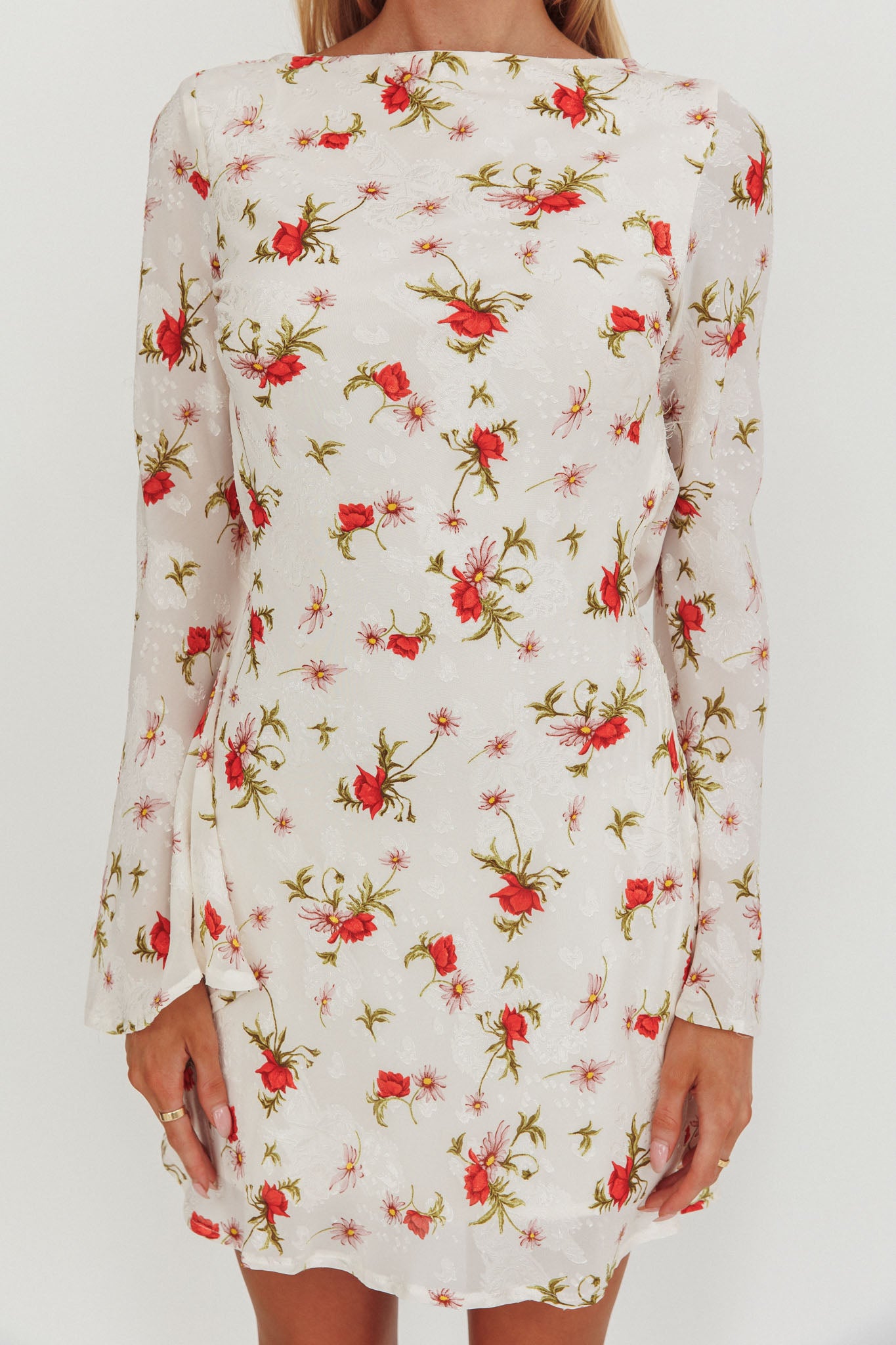 Thriller Long Sleeve Backless Mini Dress Floral White by Selfie Leslie Australia