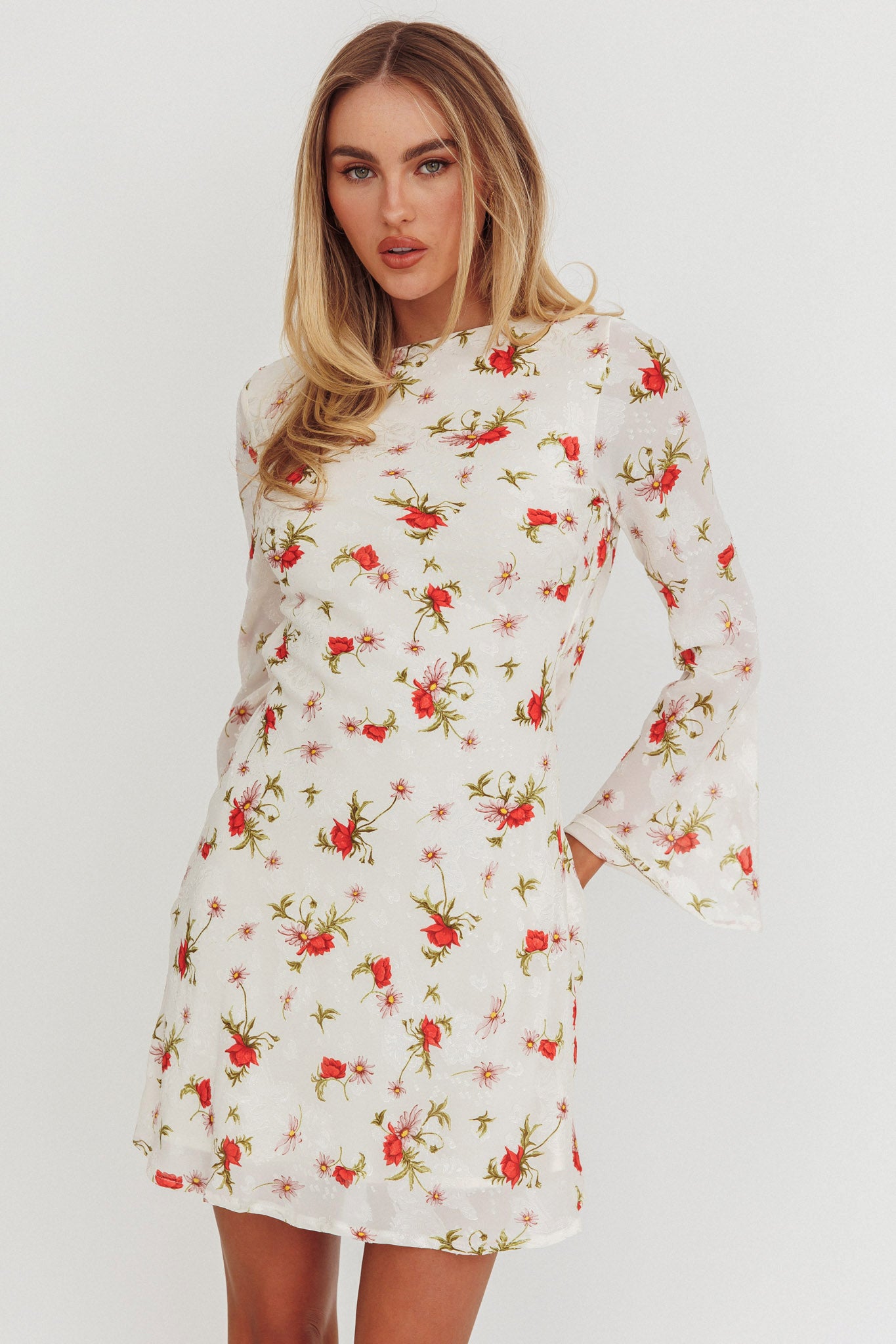 Thriller Long Sleeve Backless Mini Dress Floral White by Selfie Leslie Australia
