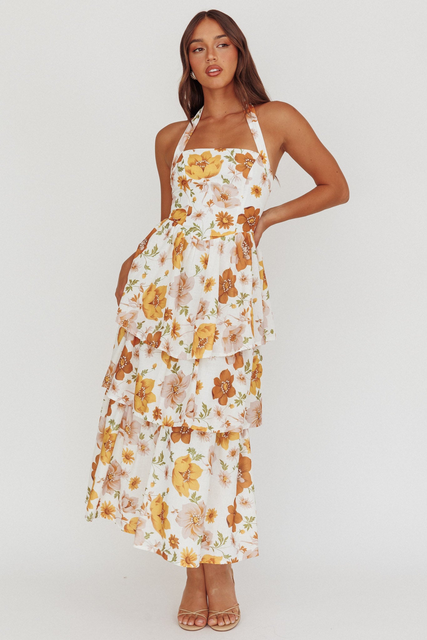 Shaya Tiered Ruffle Maxi Dress Floral Yellow by Selfie Leslie Australia
