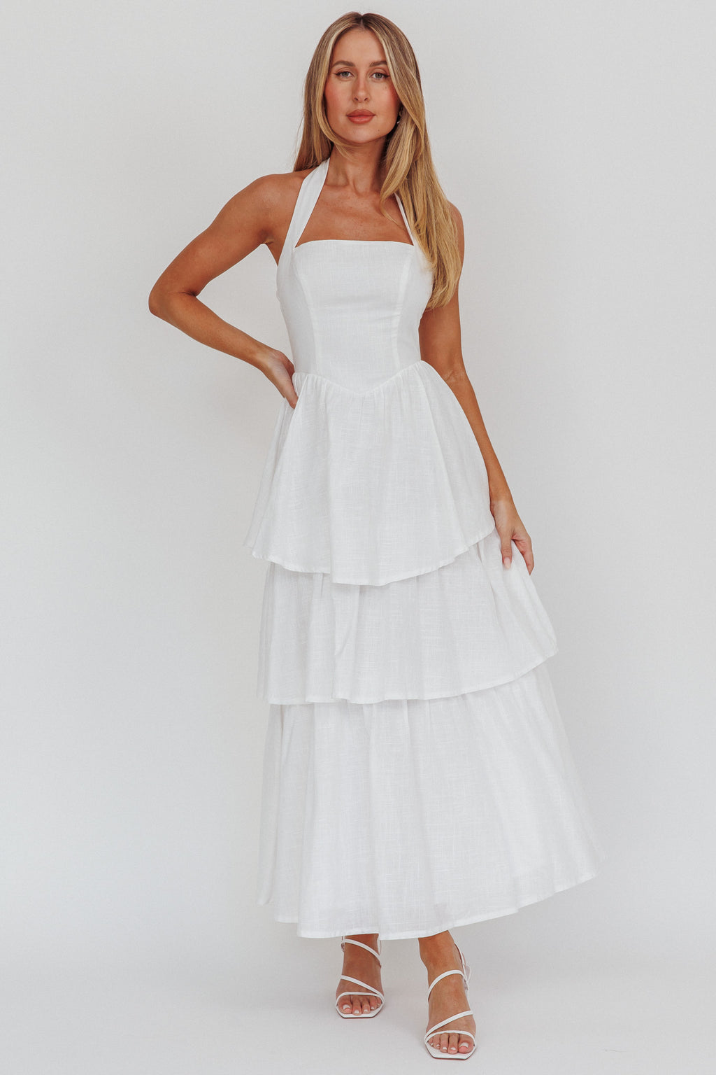 Shaya Tiered Ruffle Maxi Dress White by Selfie Leslie Australia
